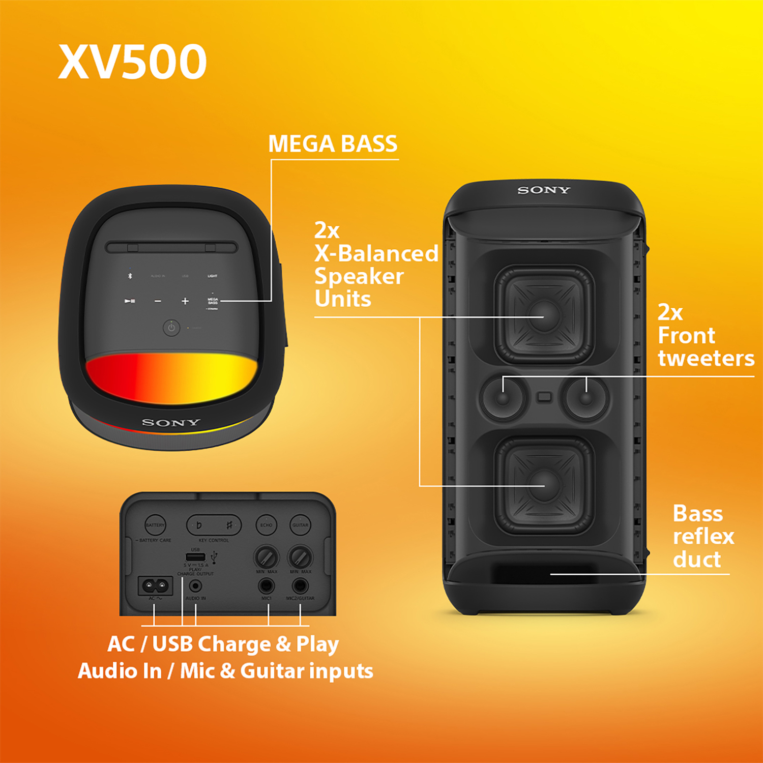 Altoparlante nero con etichette. Caratteristiche: mega bass, unità altoparlanti, tweeter anteriori e condotto bass reflex.