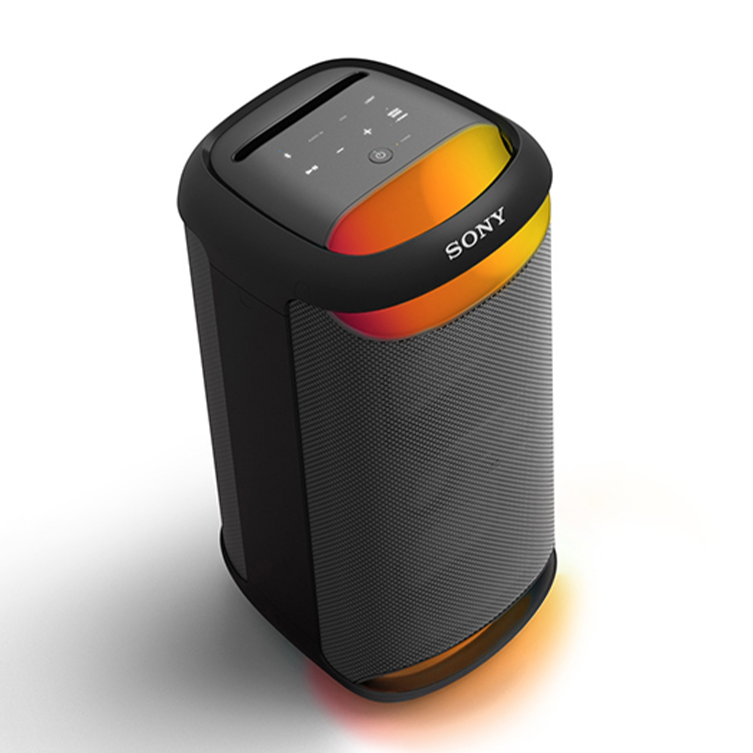 Un altoparlante Sony nero e grigio con la parte superiore illuminata e rete argentata.