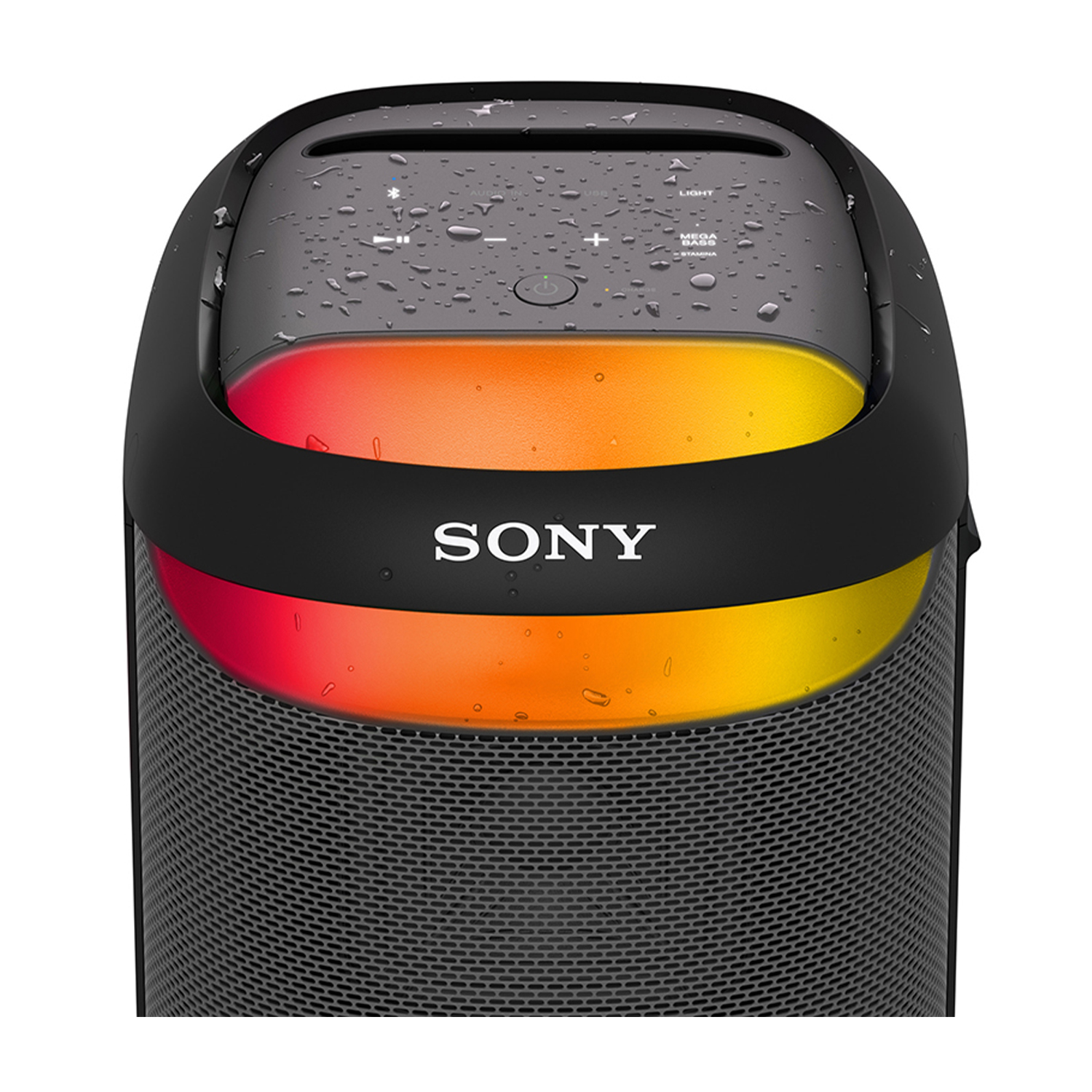 Altoparlante nero con luci colorate e logo Sony.