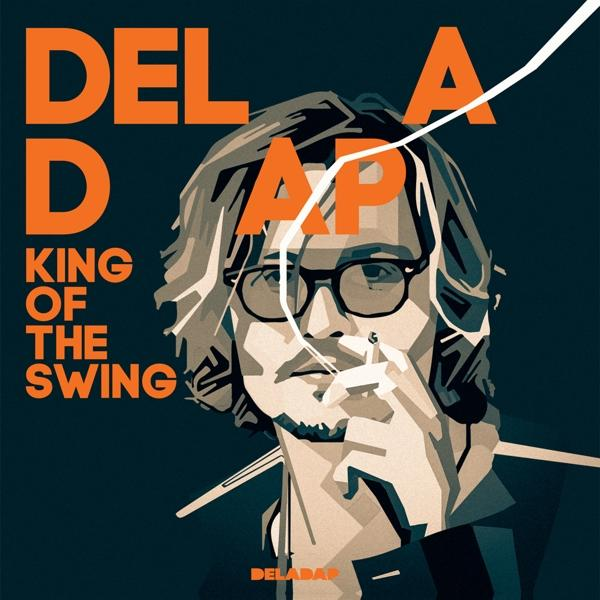 Deladap-Albumcover. Johnny Depps Illustration. Dunkler Hintergrund mit orangefarbenem Text. Pop-Art-Stil.