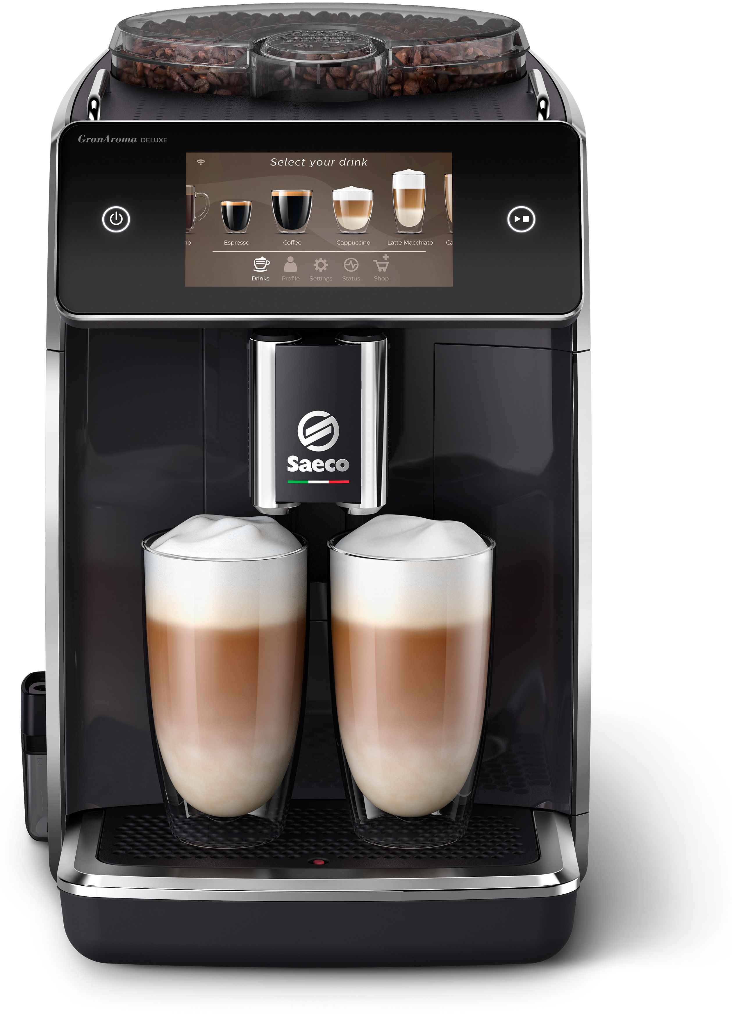 Eine schwarz-silberne Espressomaschine mit zwei transparenten Gläsern, jedes mit einem Kaffeegetränk.