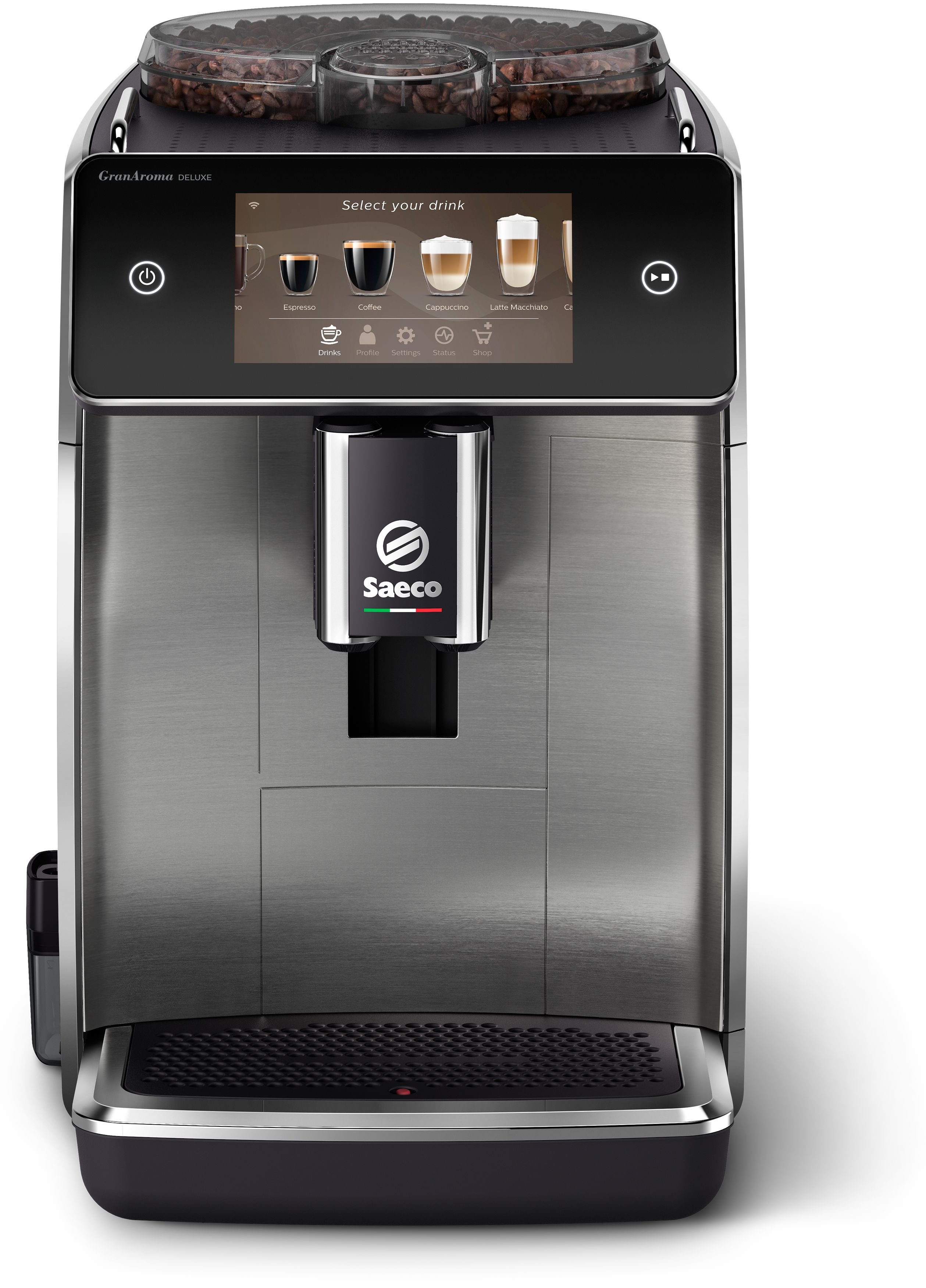 Silber-schwarze Saeco Kaffeemaschine mit Touchscreen und Bohnenbehälter.