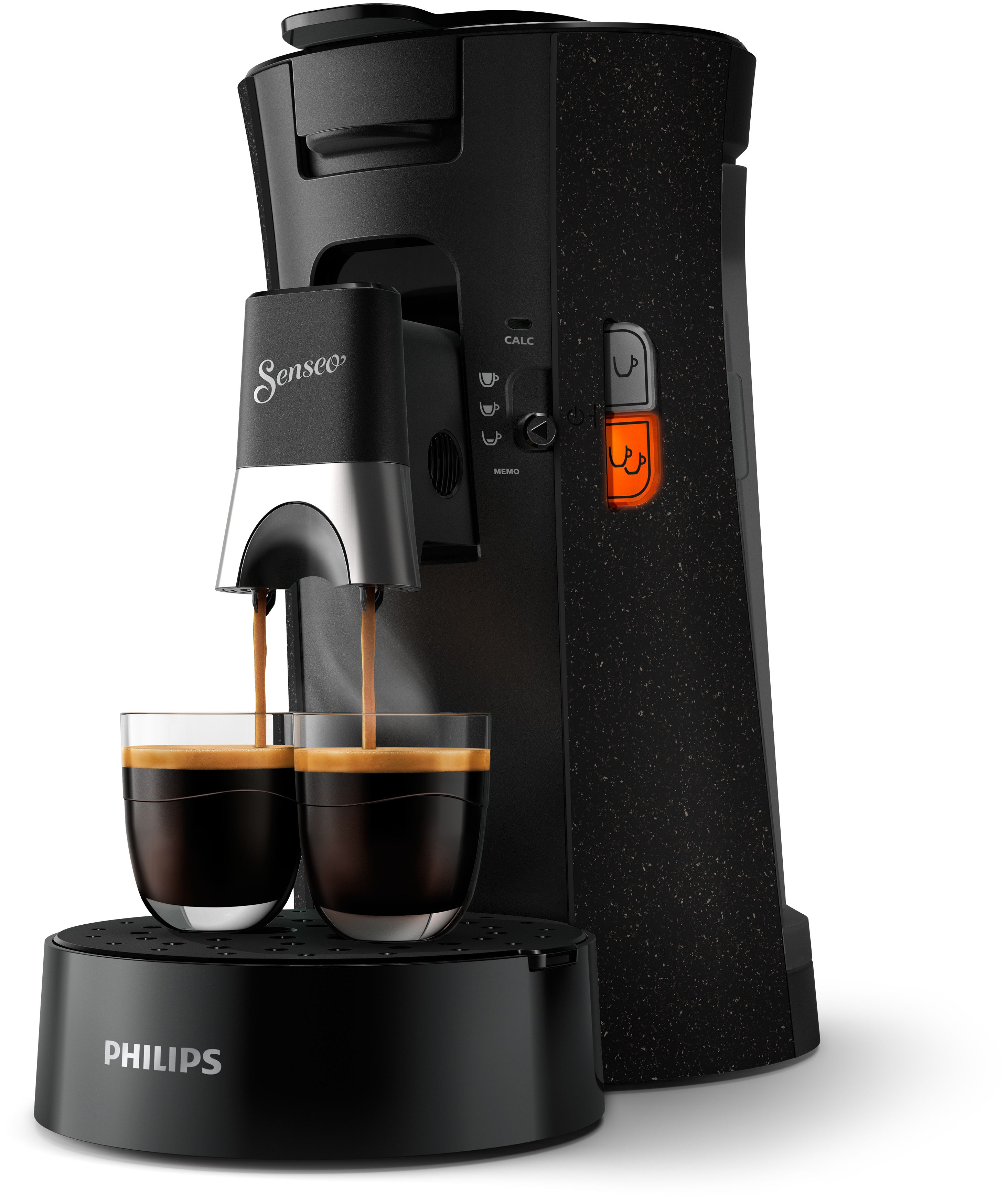 Eine schwarze Kaffeemaschine, die Kaffee in zwei Gläser ausgibt.