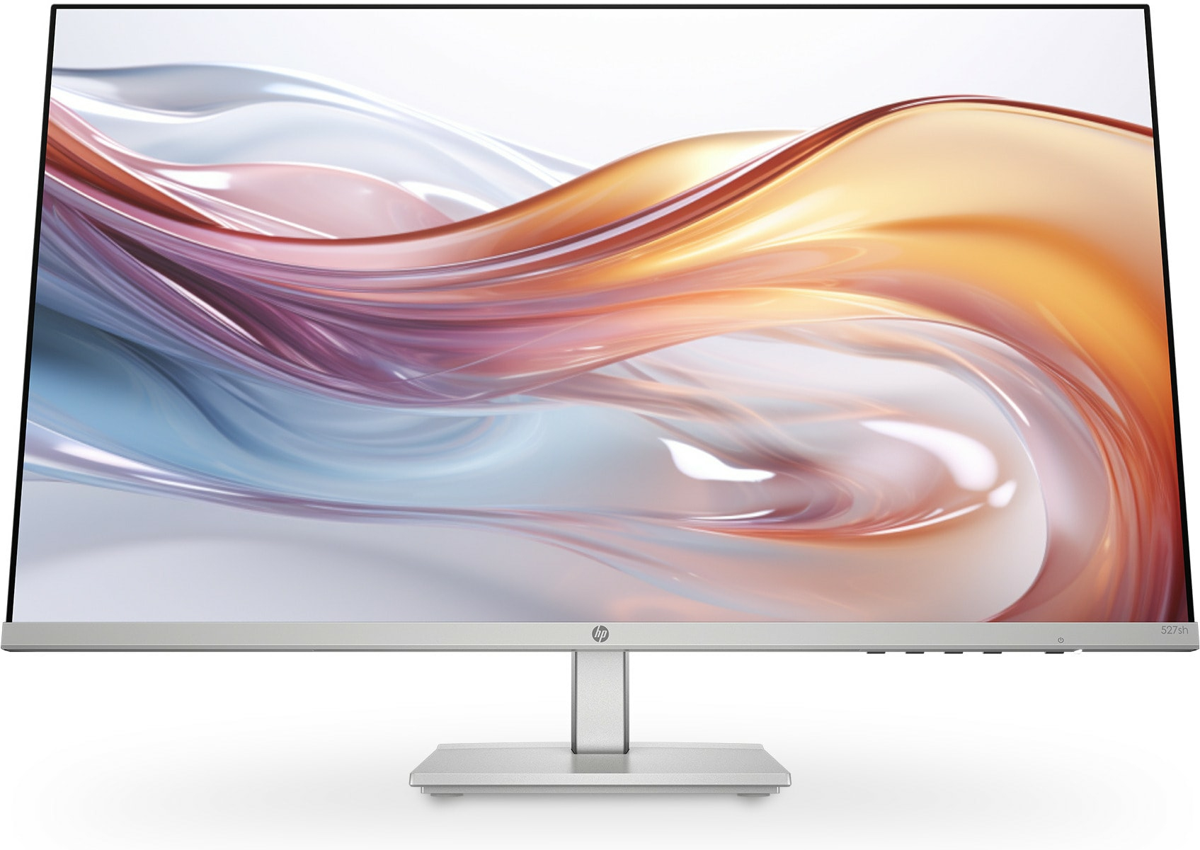 Ein silberner HP-Monitor zeigt ein abstraktes, farbenfrohes Design auf weißem Hintergrund.