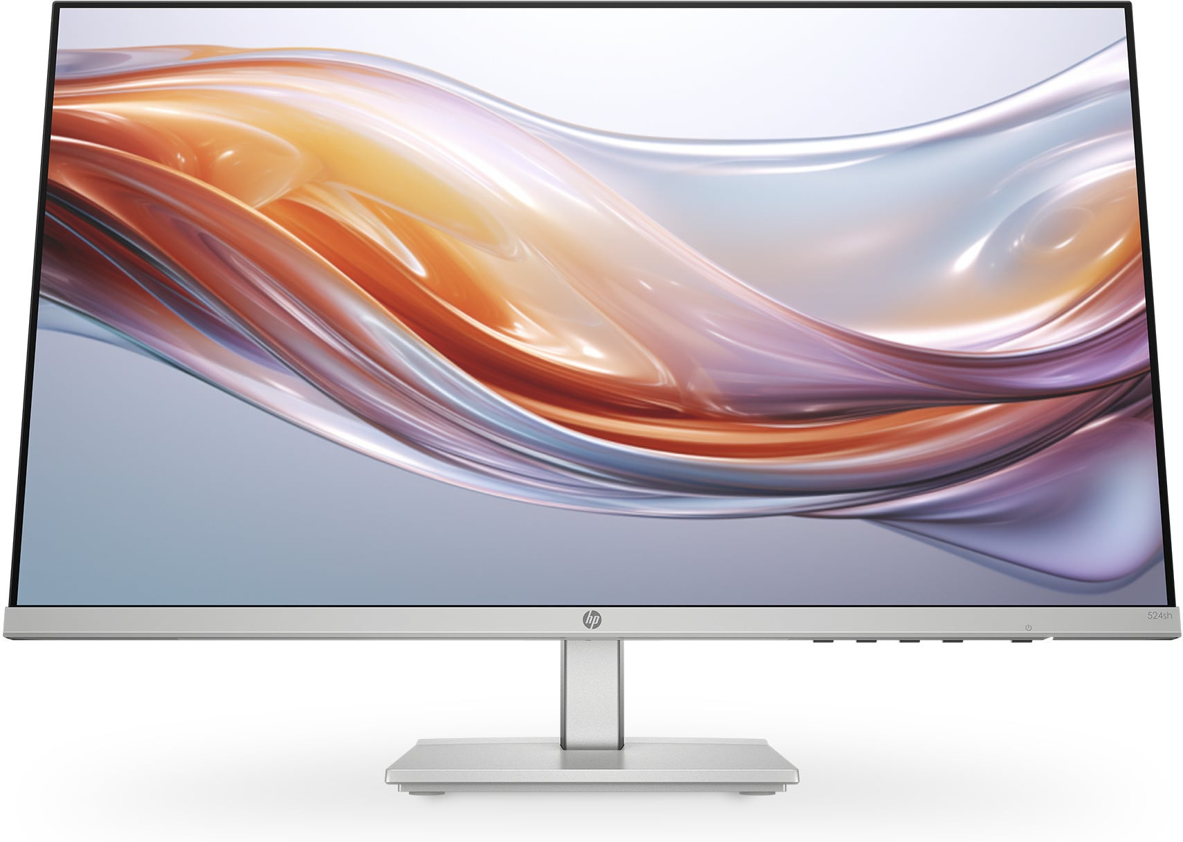 Ein silberner Computermonitor mit einem farbenfrohen abstrakten Hintergrund.