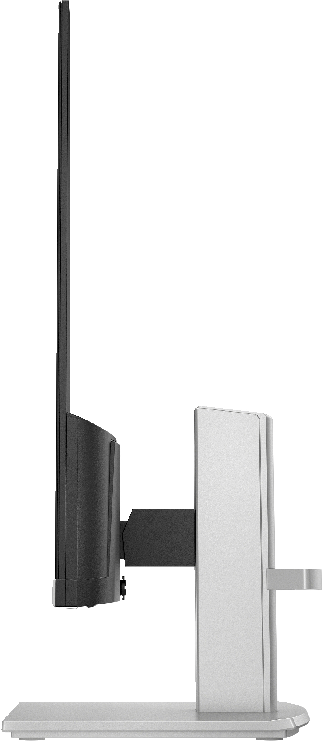 Seitenansicht eines Computermonitors mit weißem Ständer und schwarzem Bildschirm.