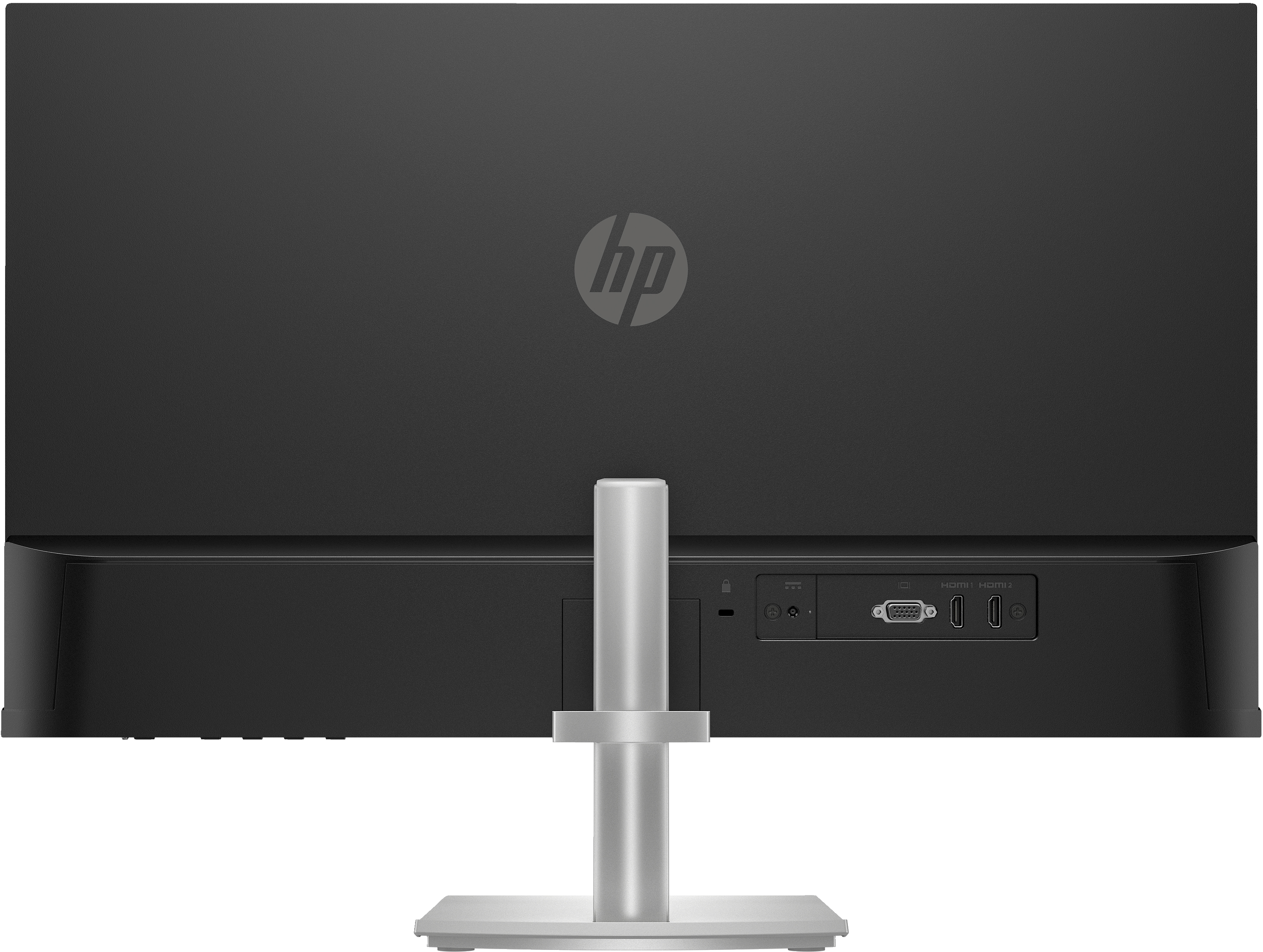 Rückseite eines HP-Monitors, mit Anschlüssen und Ständer, mit dem HP-Logo.