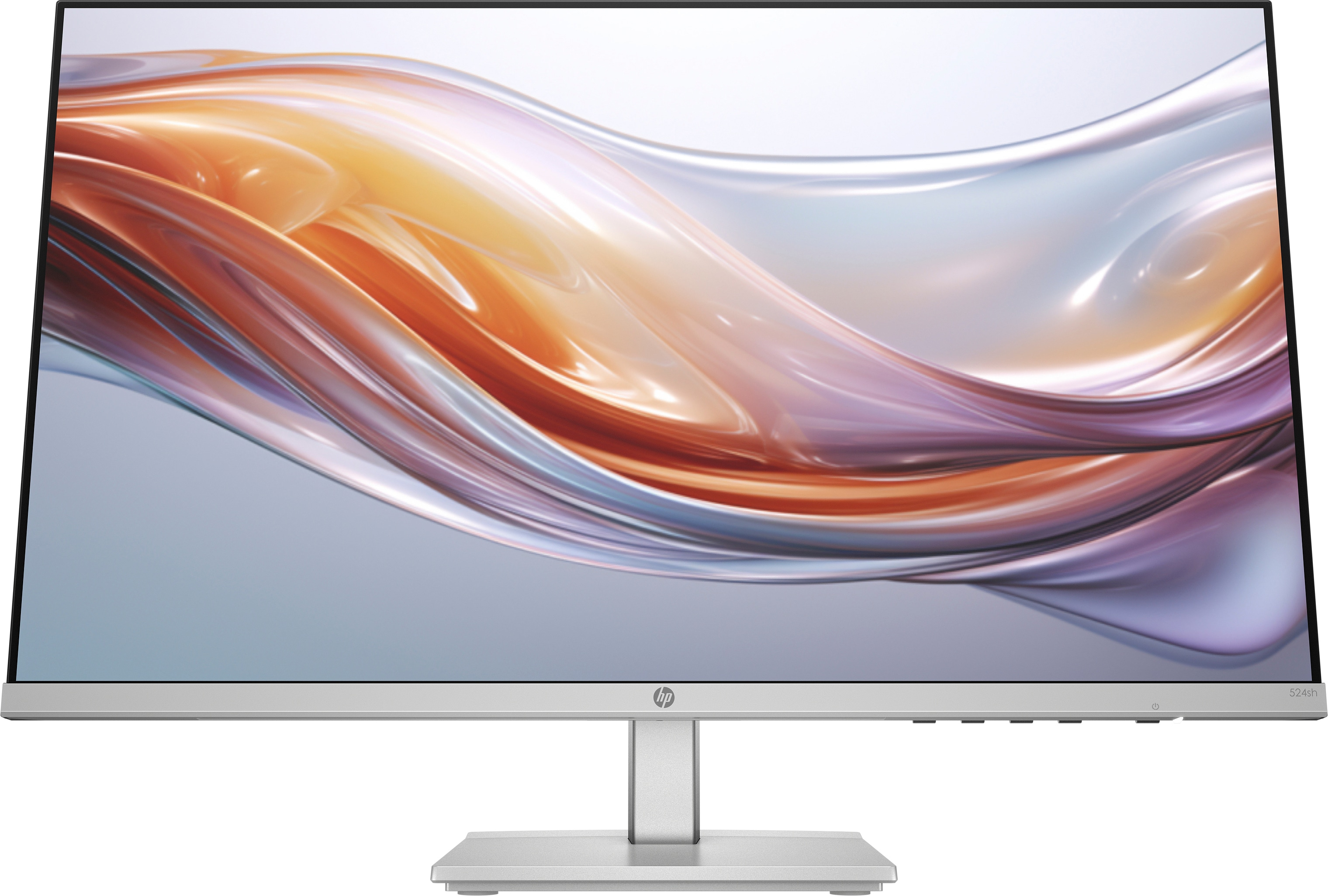Silberner Computermonitor mit geschwungenem, abstraktem Design auf dem Bildschirm.