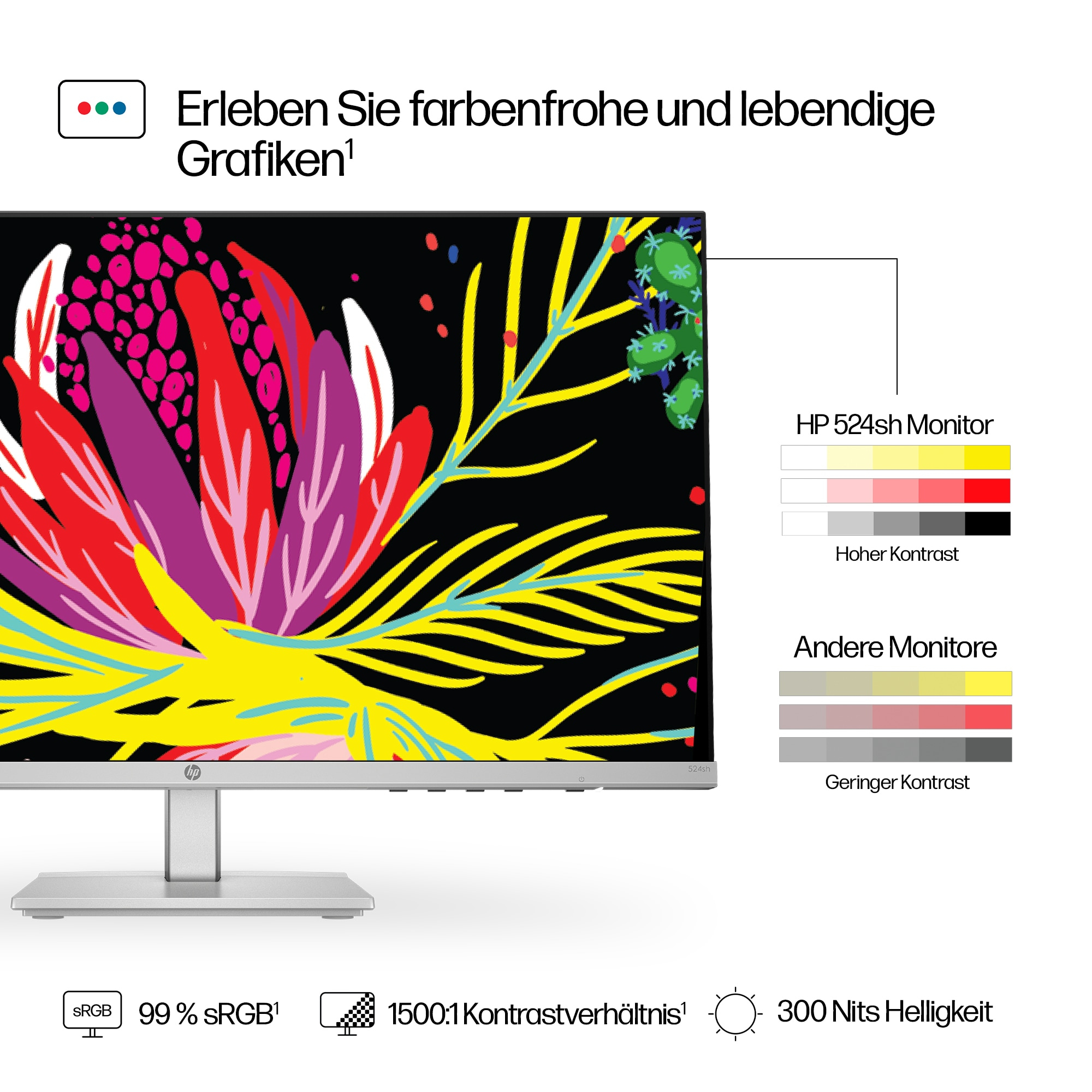 HP-Monitor mit farbenfrohen Grafiken. Text beschreibt Kontrast- und Farbeinstellungen.