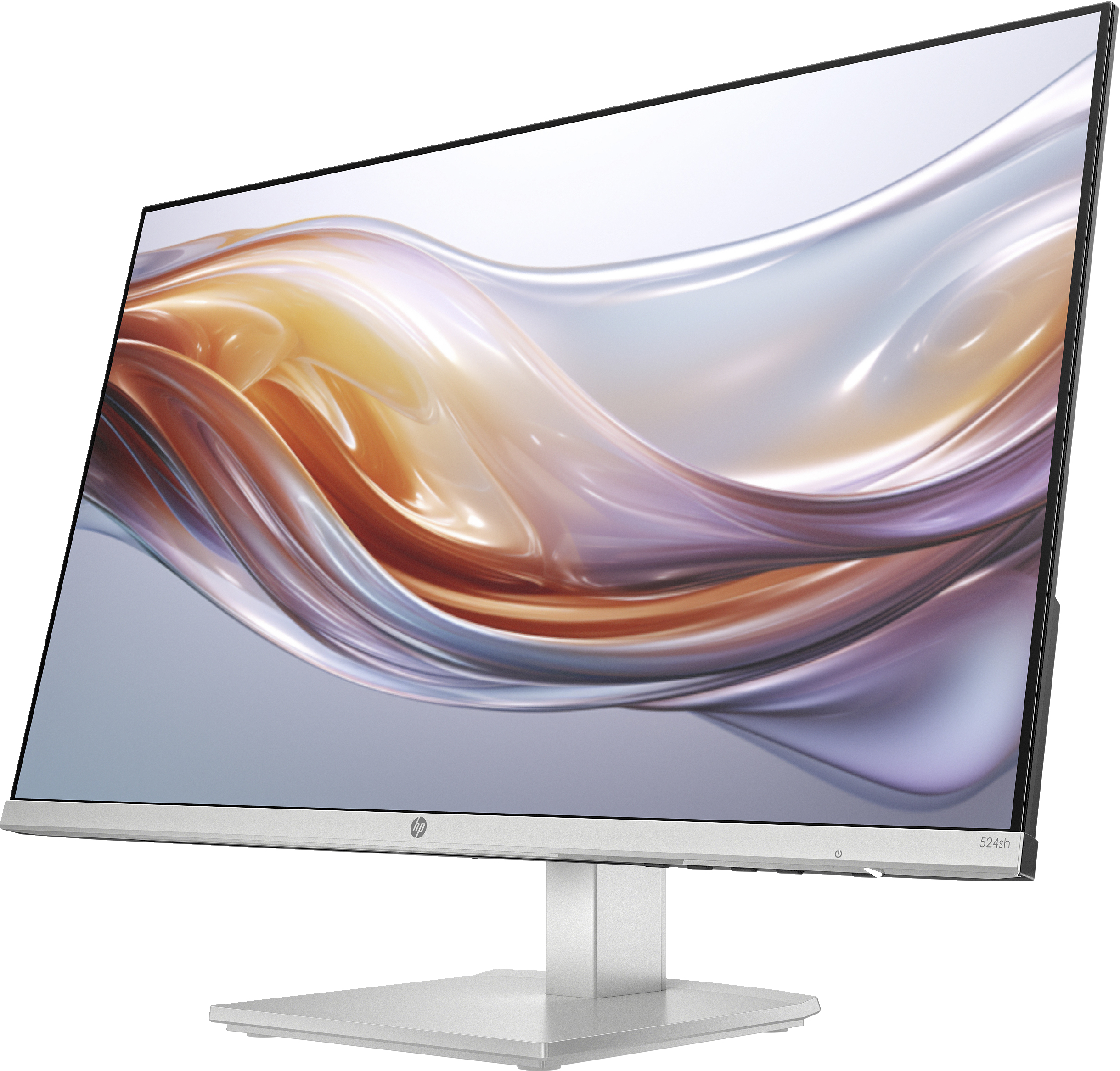 Silberner Computermonitor auf einem Ständer, mit einem gewölbten Display, das abstrakte, farbige Formen zeigt.