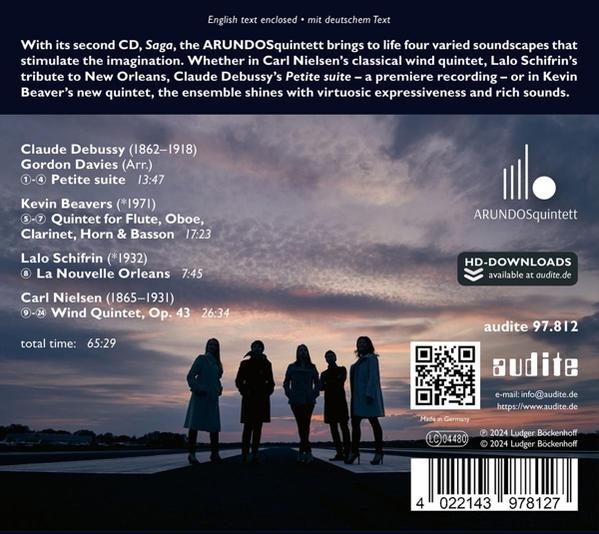 Album-Rückseite mit Text und Silhouetten von Menschen auf einer Landebahn.