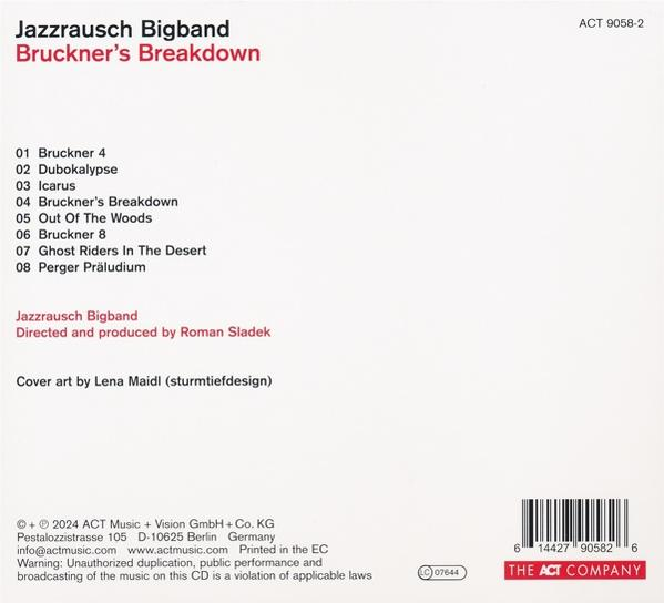 Die Rückseite einer CD mit Songtiteln und Credits für "Jazzrausch Bigband - Bruckner's Breakdown".