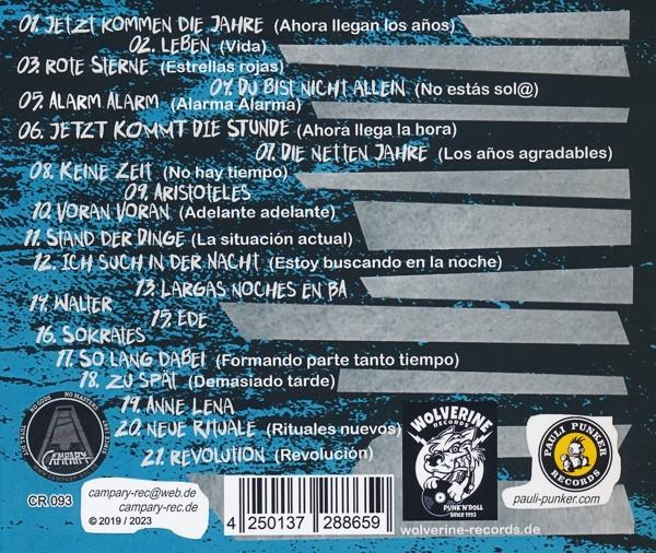 Rückseite einer CD mit Titeln auf Deutsch und Spanisch. Enthält das Wolverine Records Logo.