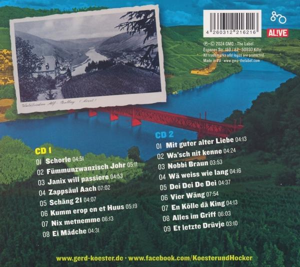 Die Rückseite der CD-Hülle zeigt die Titelliste über einer Landschaft mit Brücke und Fluss.