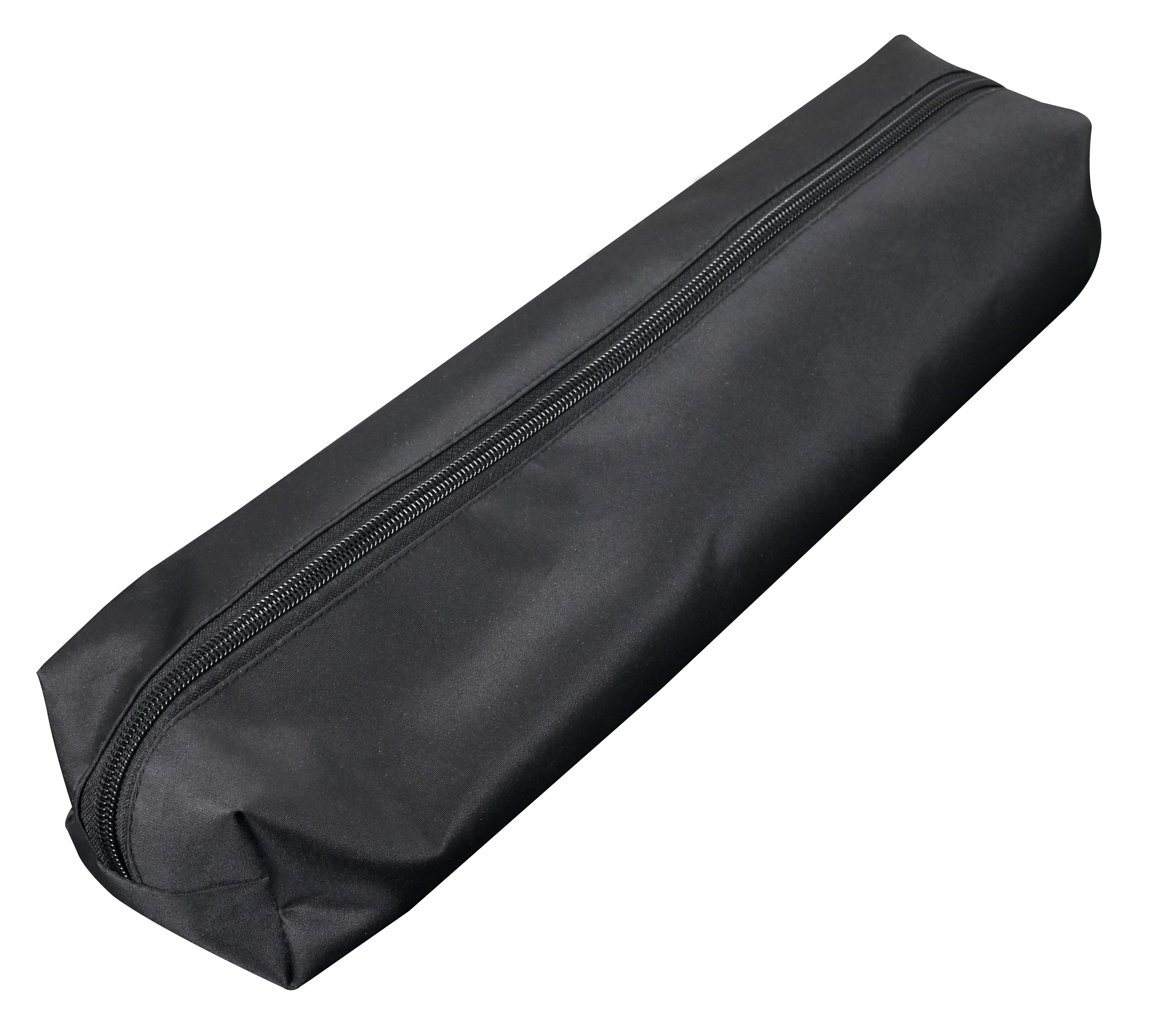 Eine schwarze, mit Reißverschluss versehene Tasche. Sie ist lang und zylindrisch, mit einem Reißverschluss entlang der Länge.