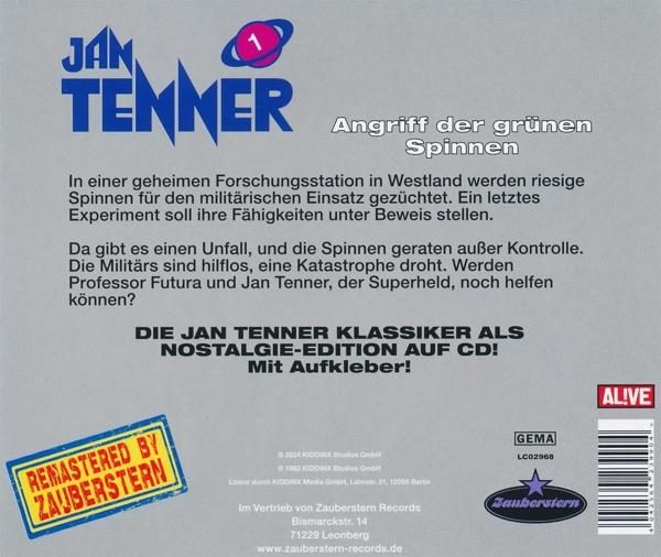 Text auf einer CD-Hülle beschreibt eine Geschichte über riesige Spinnenangriffe und Superhelden, die den Tag retten.