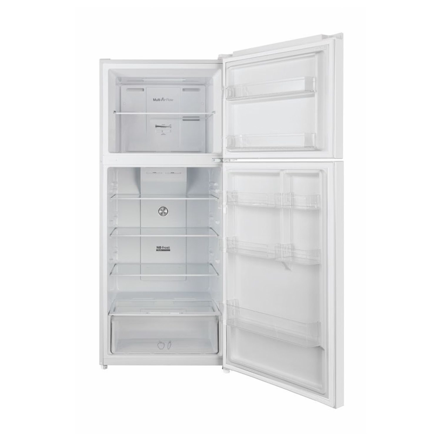 Un frigorifero bianco con le porte aperte. L'interno è vuoto, con ripiani e cassetti visibili.