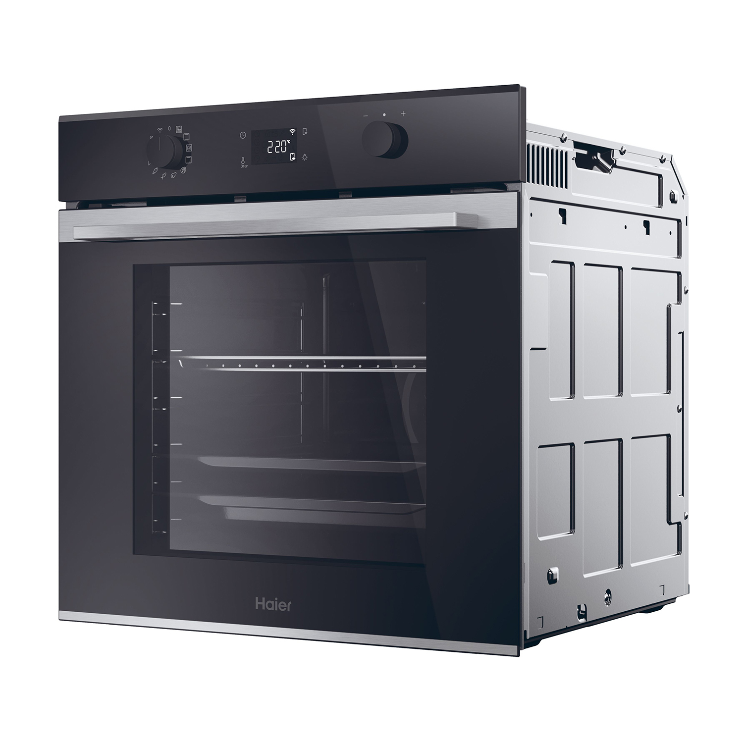 Forno nero da incasso con porta in vetro e pannello comandi, dettagli argentati. Logo Haier in basso.