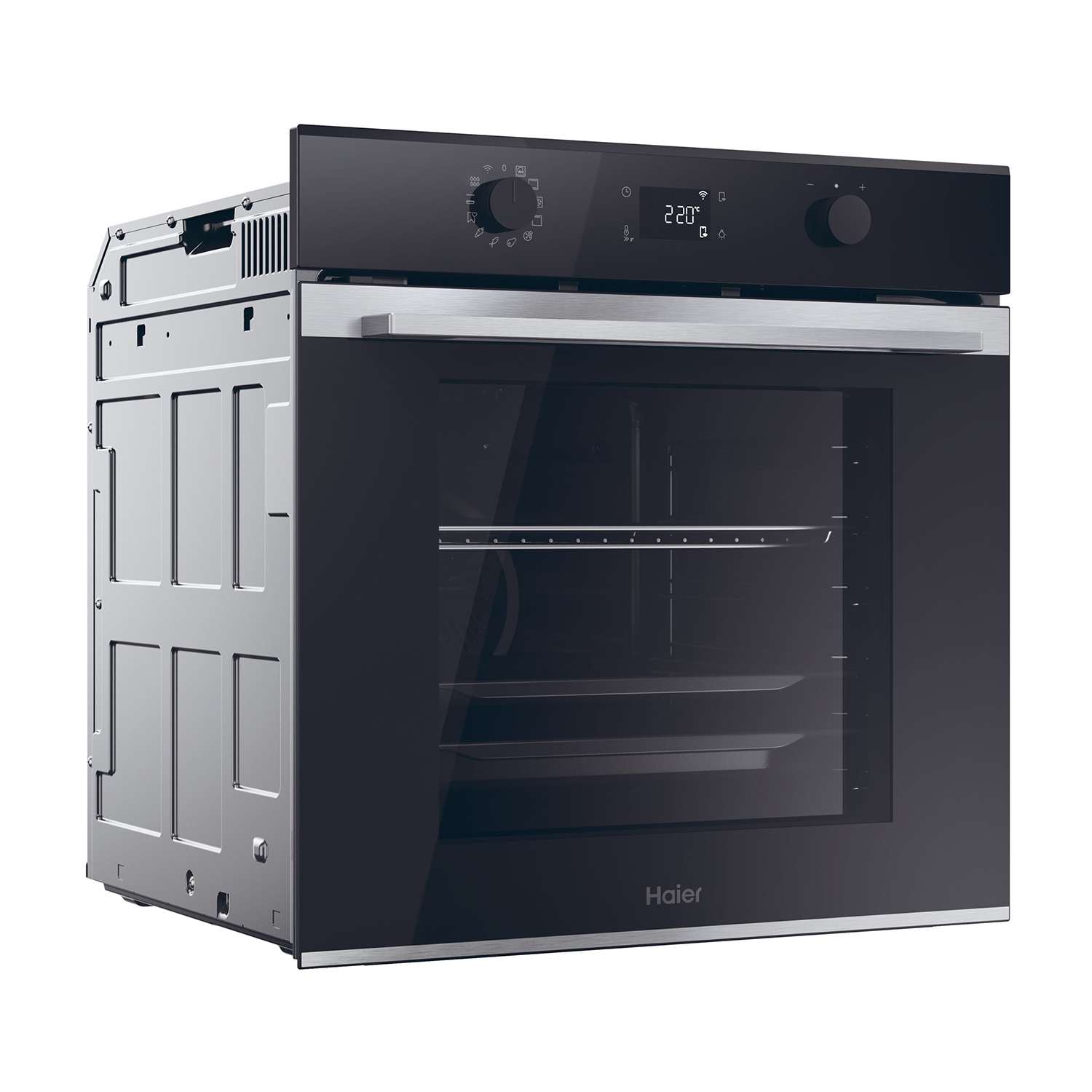 Un forno Haier nero. La porta del forno è chiusa. Vista interna con vassoi. Design nero e argento.