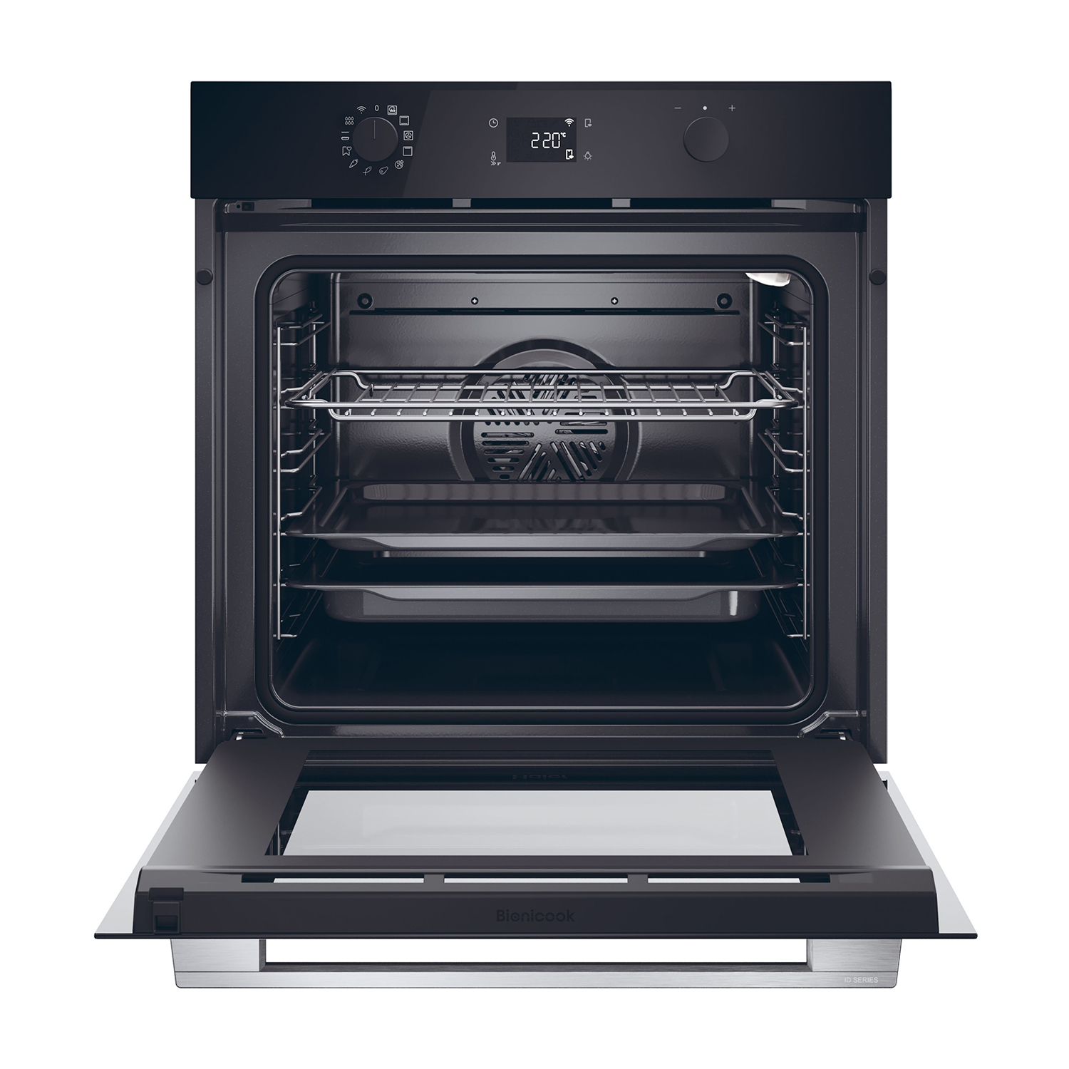 Un forno aperto con griglie e una teglia all'interno e un display digitale.