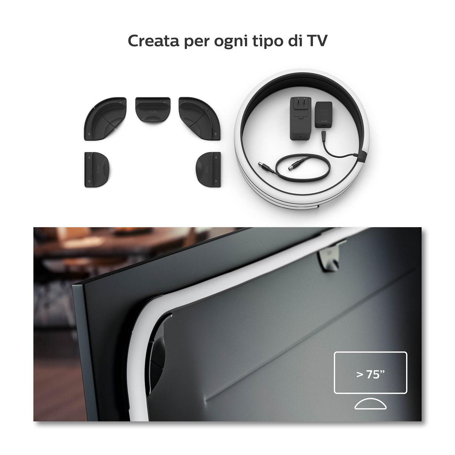 Un televisore con angoli neri e una striscia luminosa bianca. Accessori sullo sfondo.