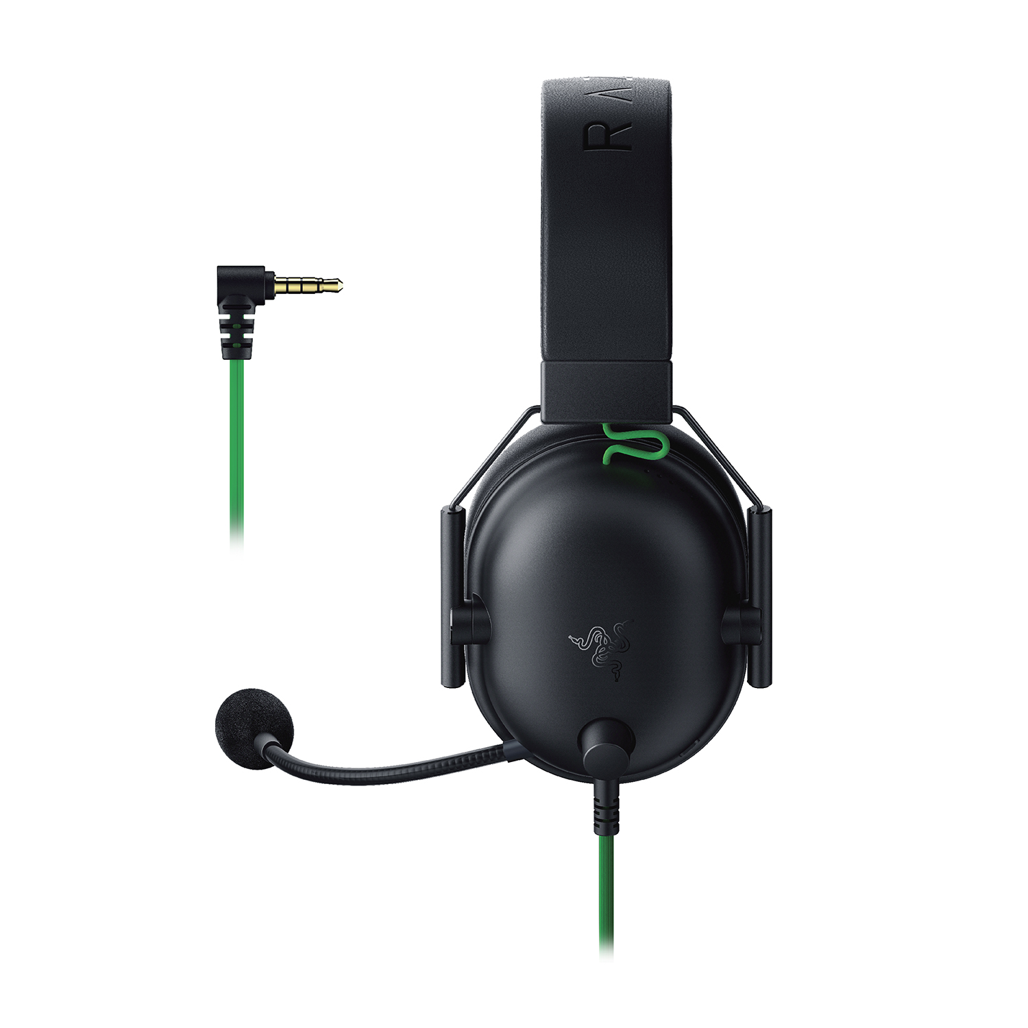 Cuffie Razer nere con cavo e microfono verdi, sfondo bianco.