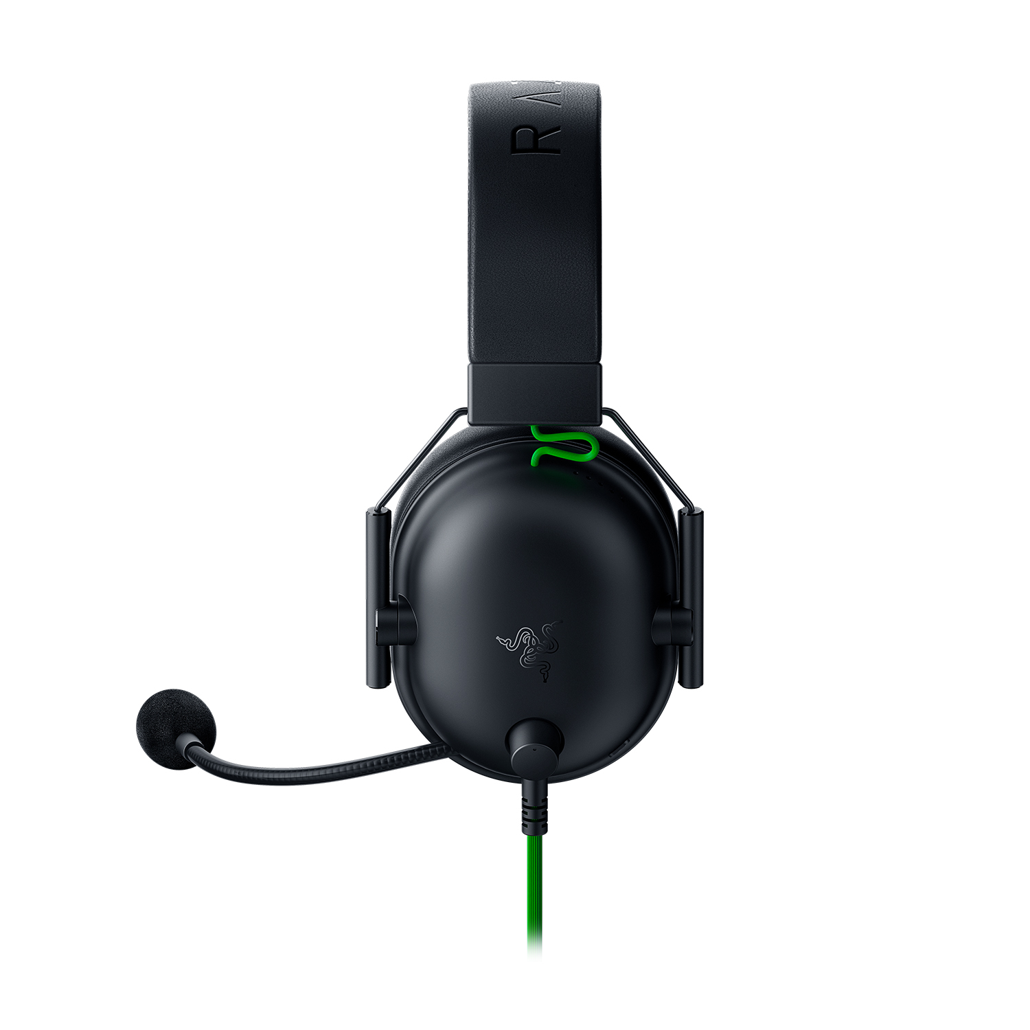 Cuffie Razer nere con microfono. Cavo verde visibile.