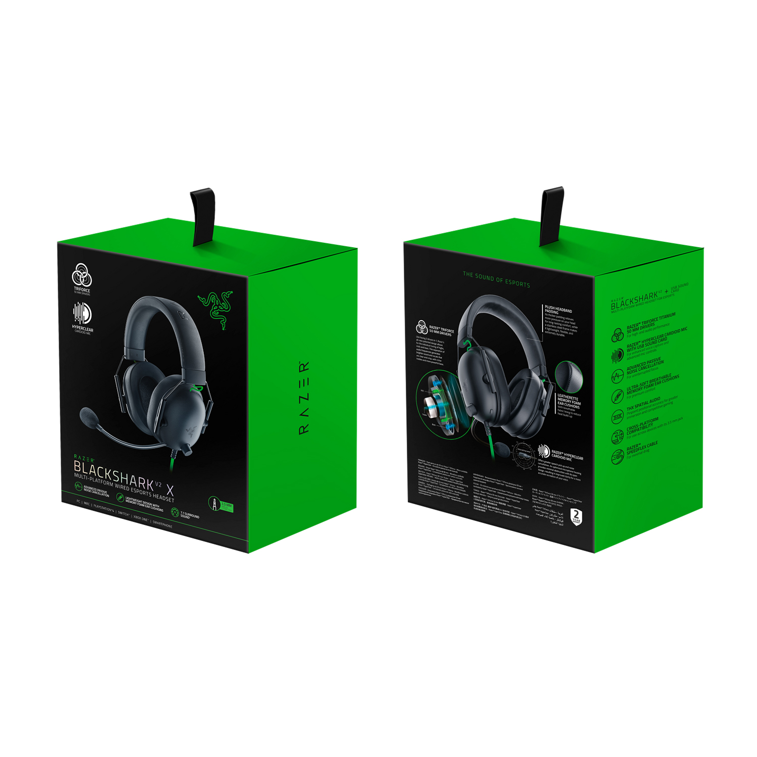 Due scatole verdi con cuffie Razer Blackshark X nere. Una scatola mostra il design delle cuffie.