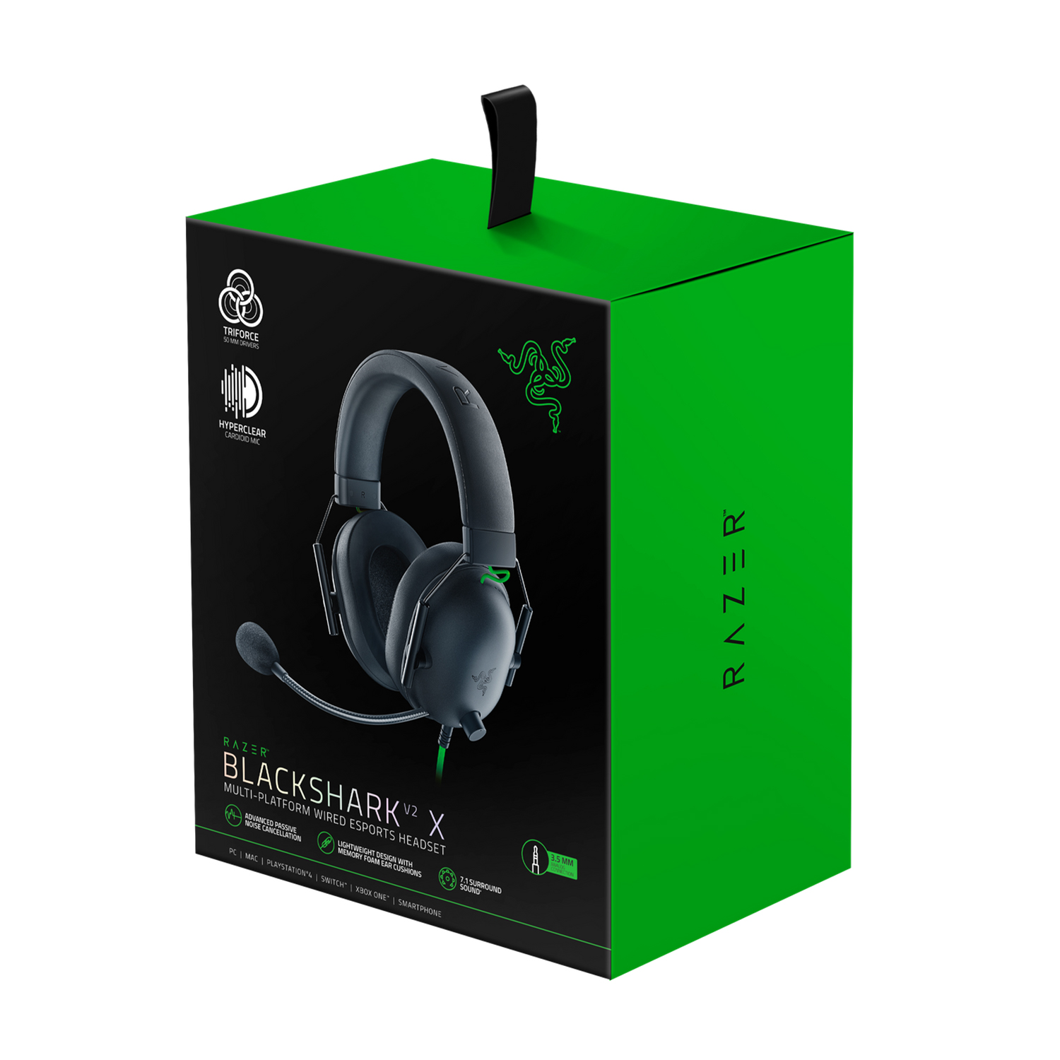Cuffie nere in una scatola verde e nera. Visibili le cuffie Razer Blackshark V2 X.