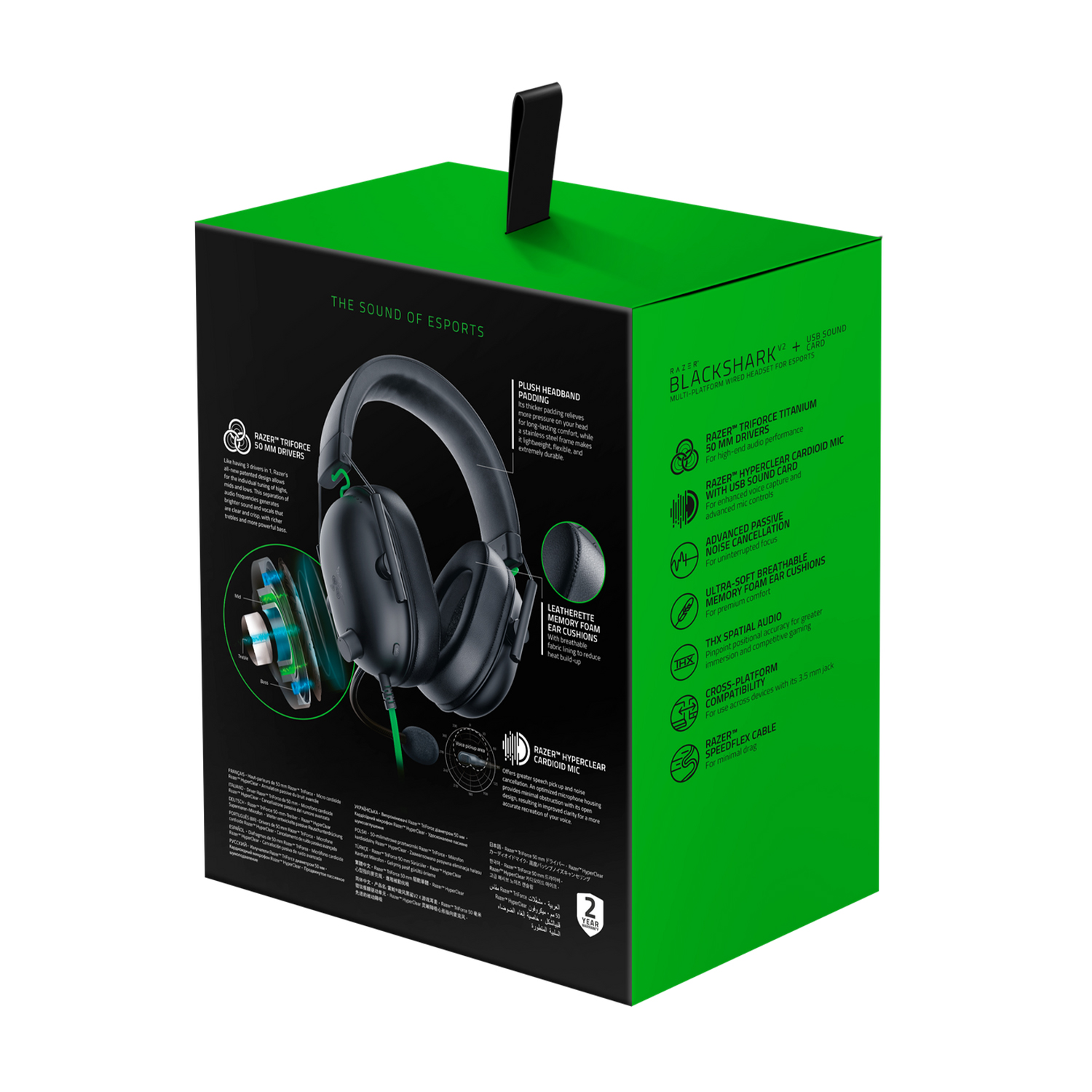 Scatola verde e nera con cuffie, diagrammi e testo sulle cuffie Razer Blackshark V2 X.