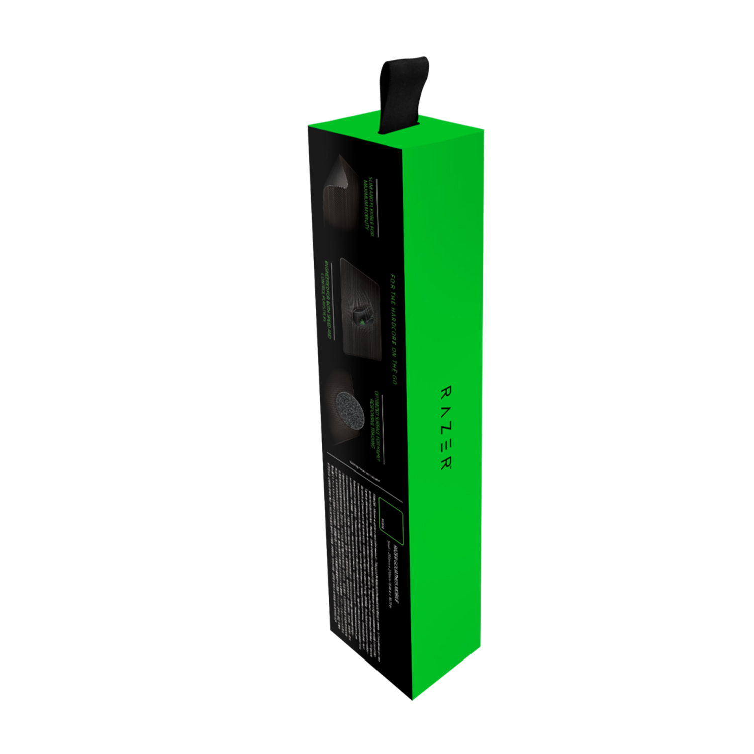 Scatola Razer verde e nera con immagini e testo del prodotto. Maniglia nera in alto.