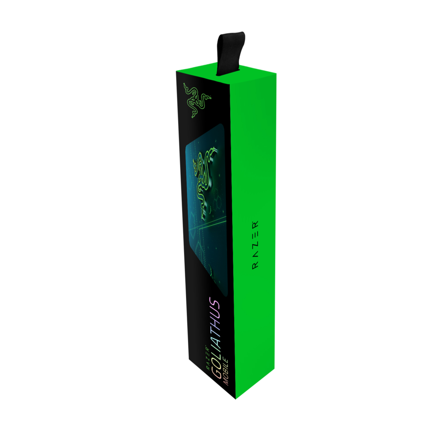 Una scatola verde Razer Goliathus Mobile con manico nero e un logo sul lato.