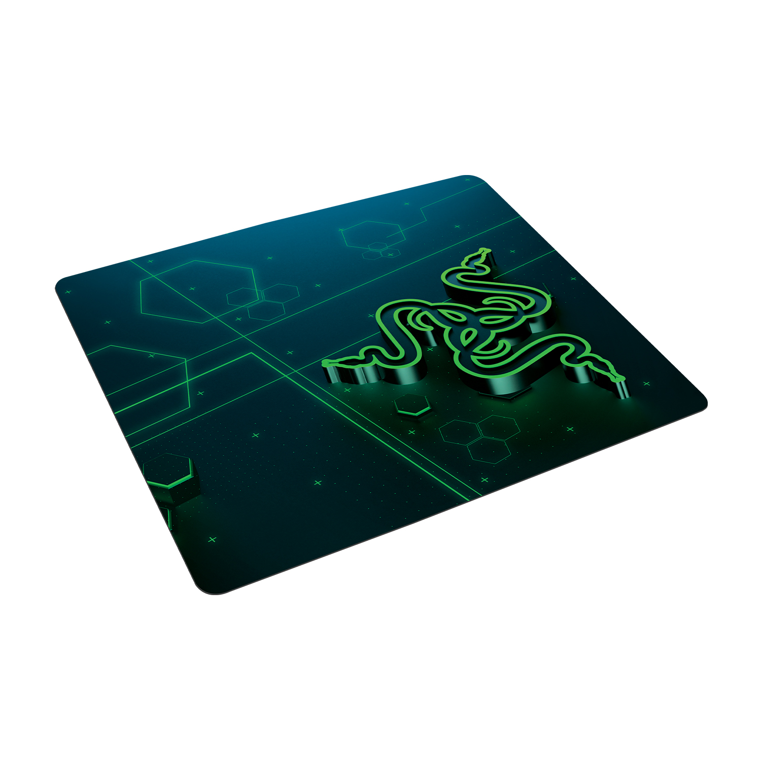 Tappetino Razer con logo Razer verde neon e motivi esagonali verdi su sfondo scuro.