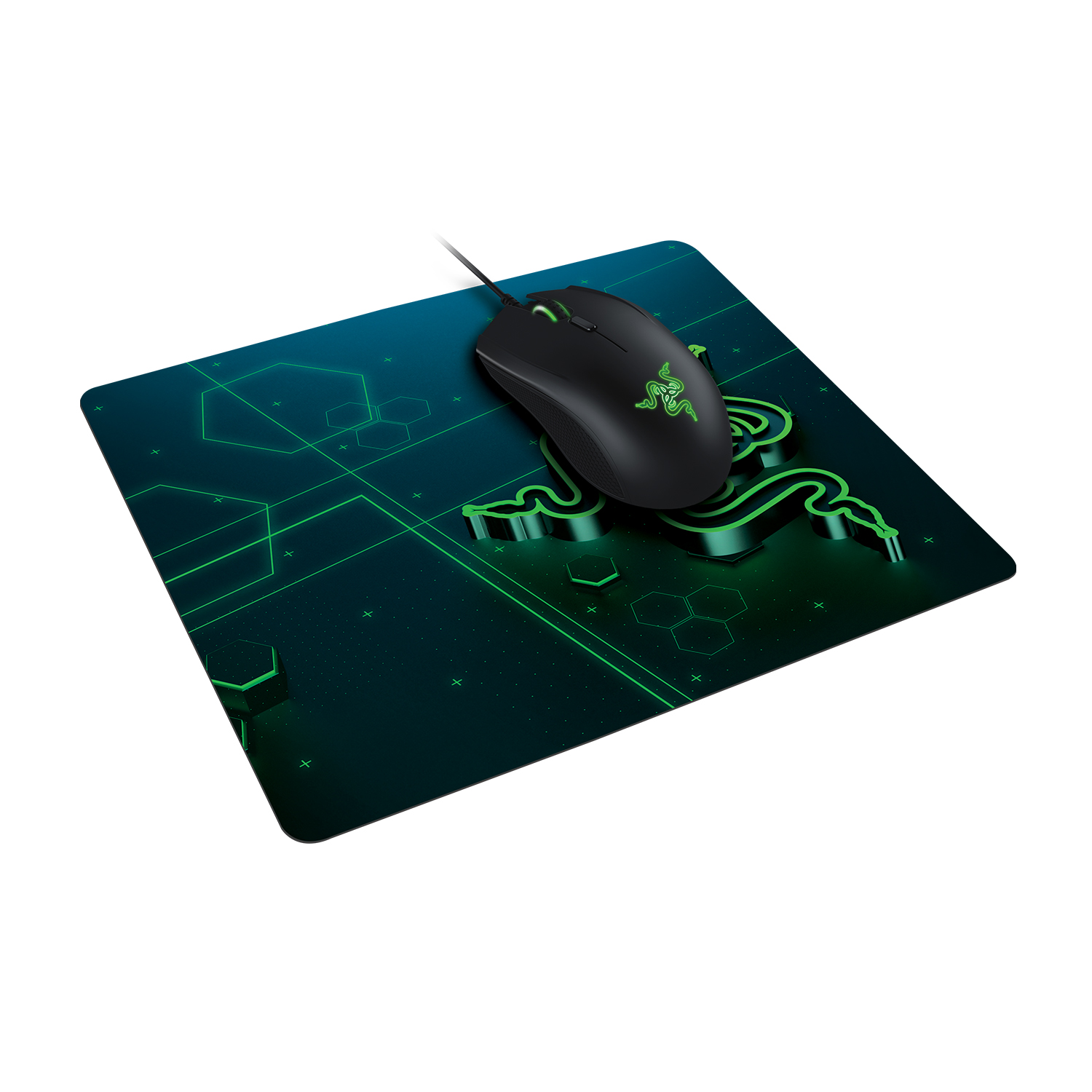 Un mouse per computer nero è posizionato su un tappetino per mouse verde. Il tappetino ha delle linee verdi.