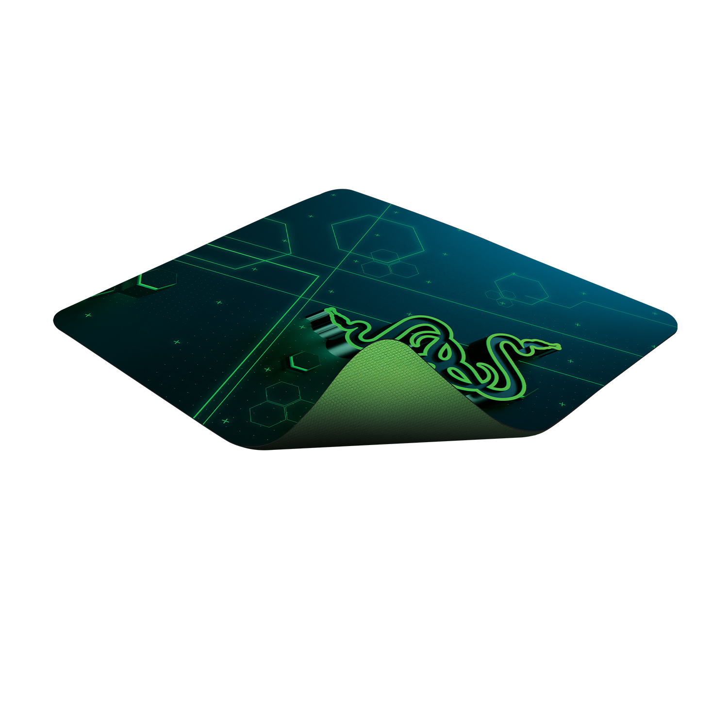 Un tappetino per mouse verde e nero con il logo Razer e un motivo geometrico verde.