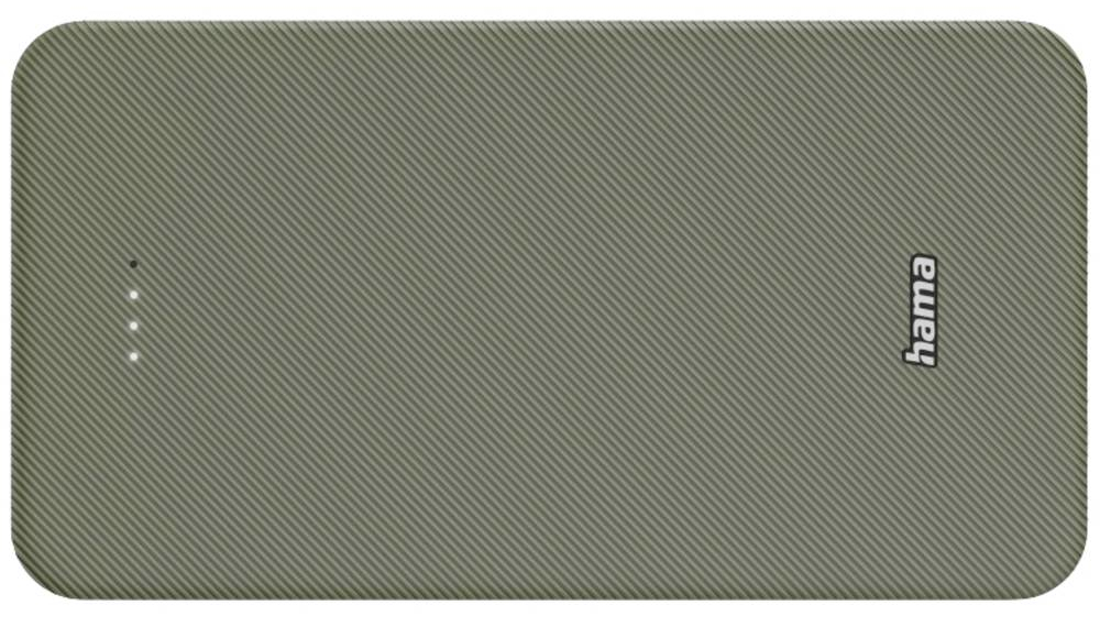 Szary, teksturowany power bank z subtelnym diagonalnym wzorem. Słowo 'hama' jest wydrukowane na biało.