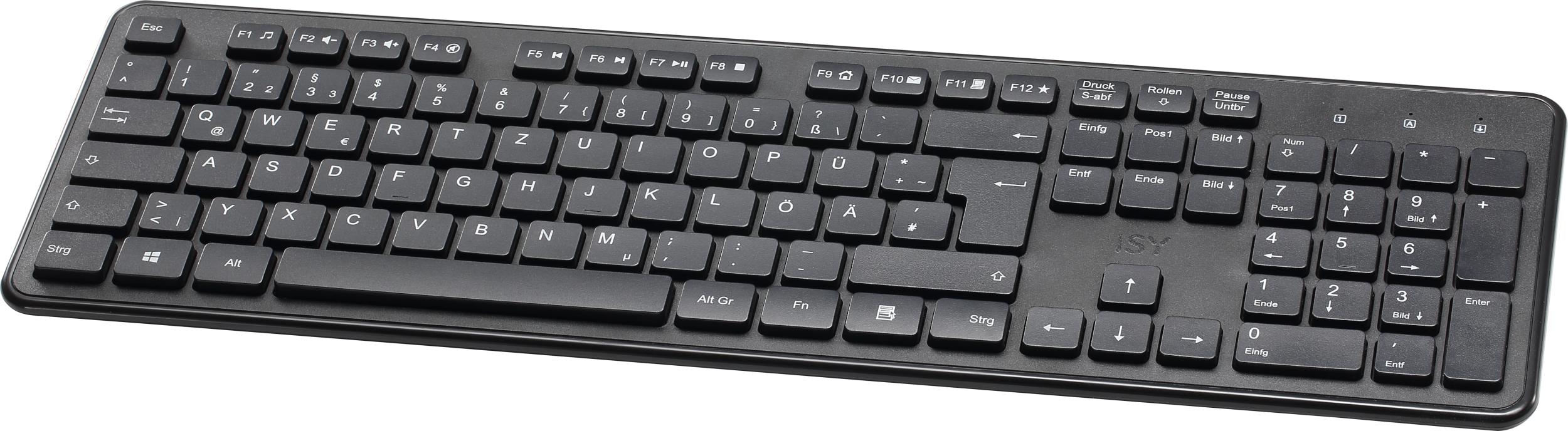 Schwarze Tastatur mit weißen Tasten und Zeichen, schwarzer Hintergrund.