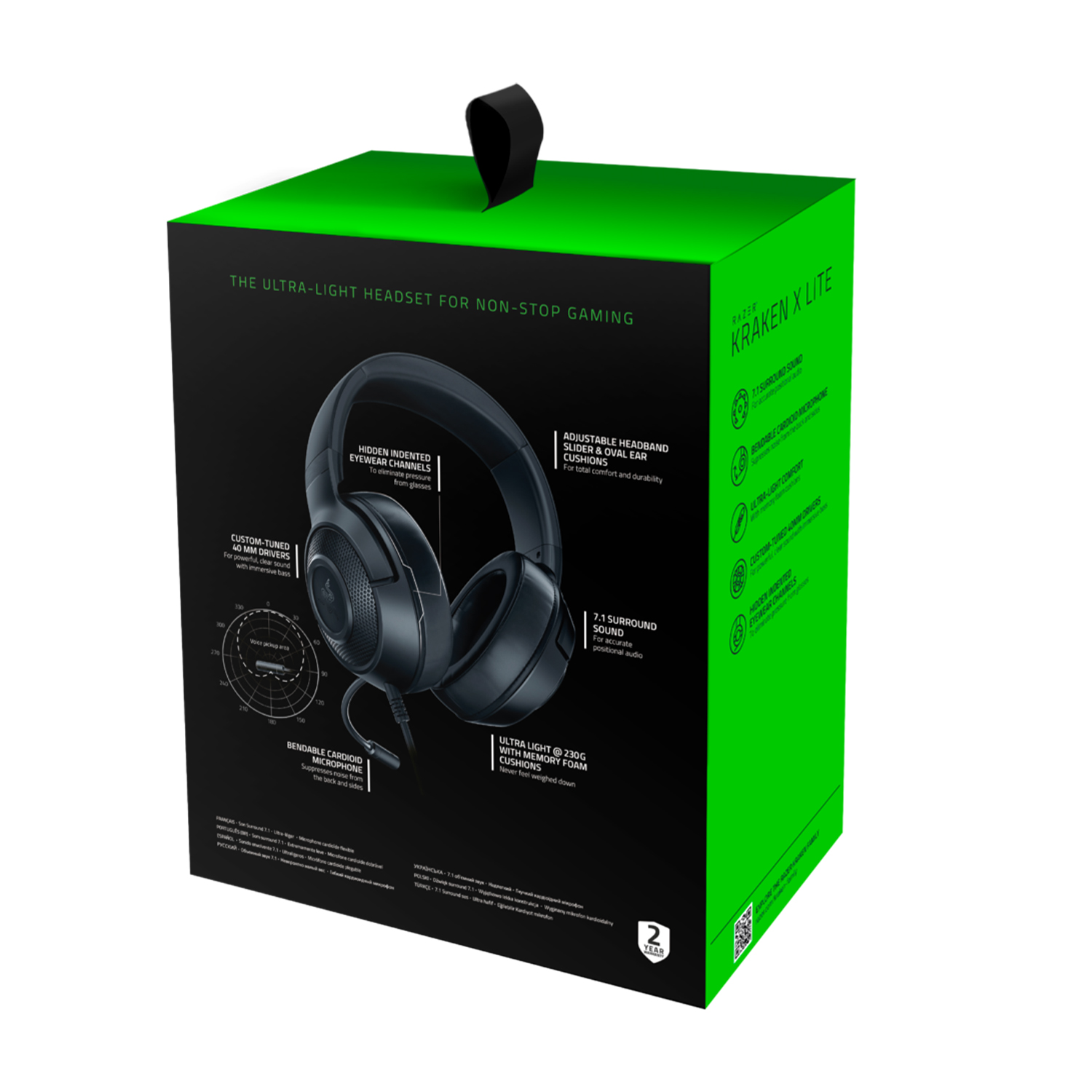 Scatola per cuffie da gioco Razer Kraken X Lite nera e verde con illustrazione delle cuffie.