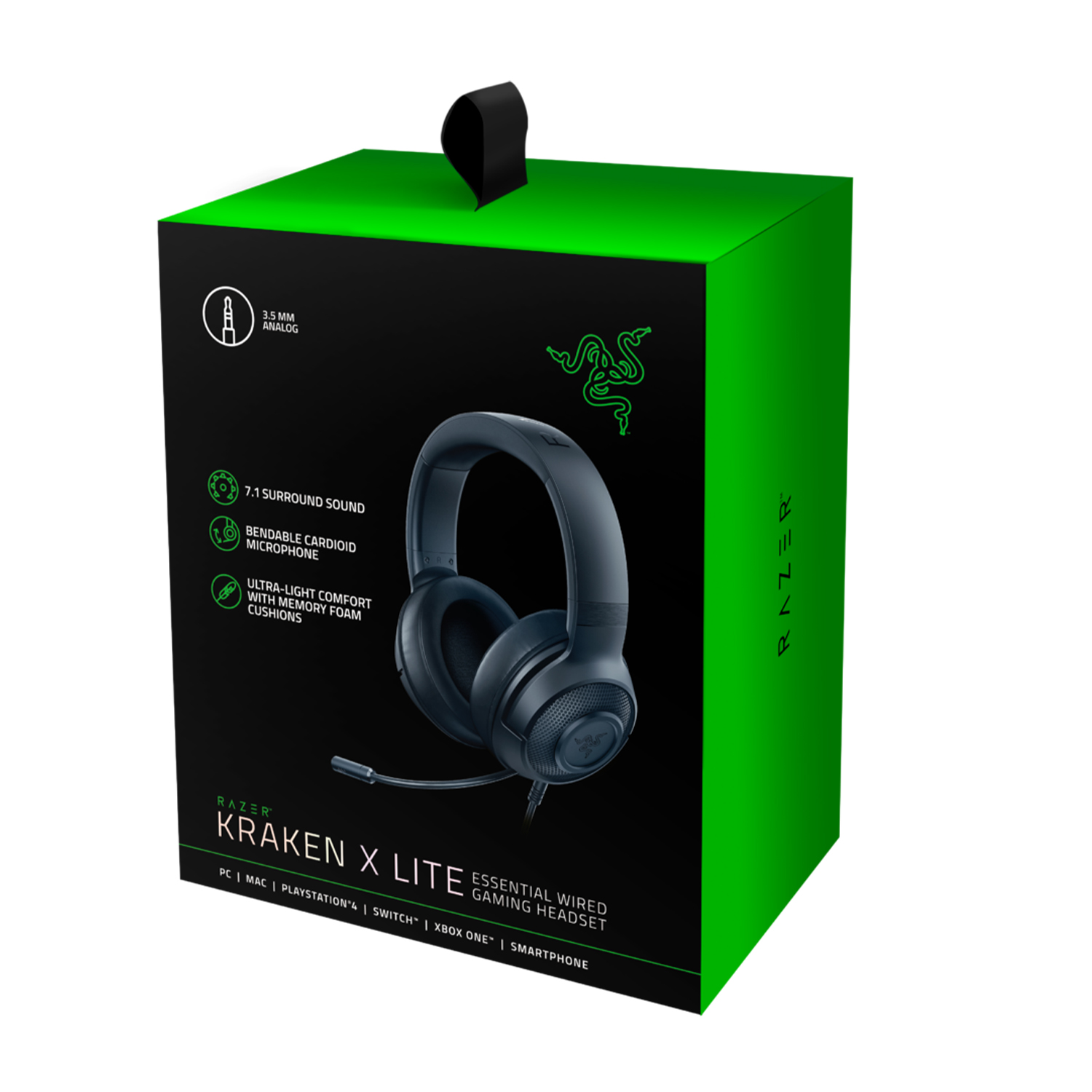 Una scatola verde con delle cuffie Razer. La scatola presenta immagini e testo sulle caratteristiche delle cuffie.