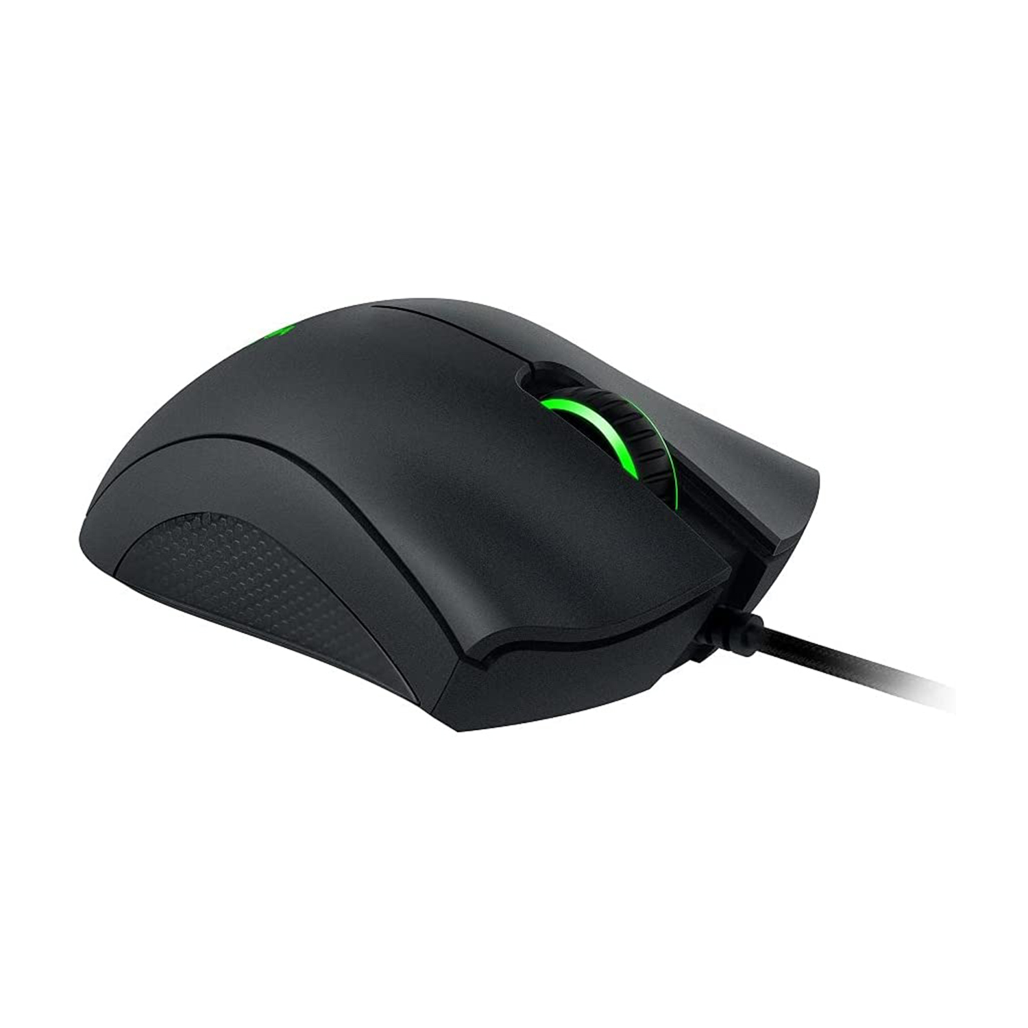 Un mouse nero con una rotella di scorrimento verde brillante.