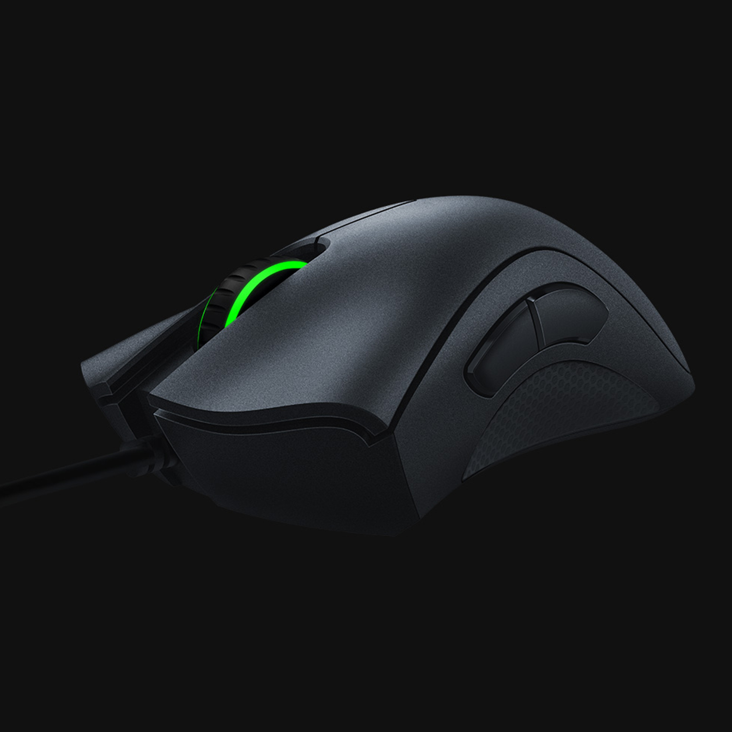 Mouse da gaming Razer nero con rotella di scorrimento illuminata di verde, su sfondo scuro.