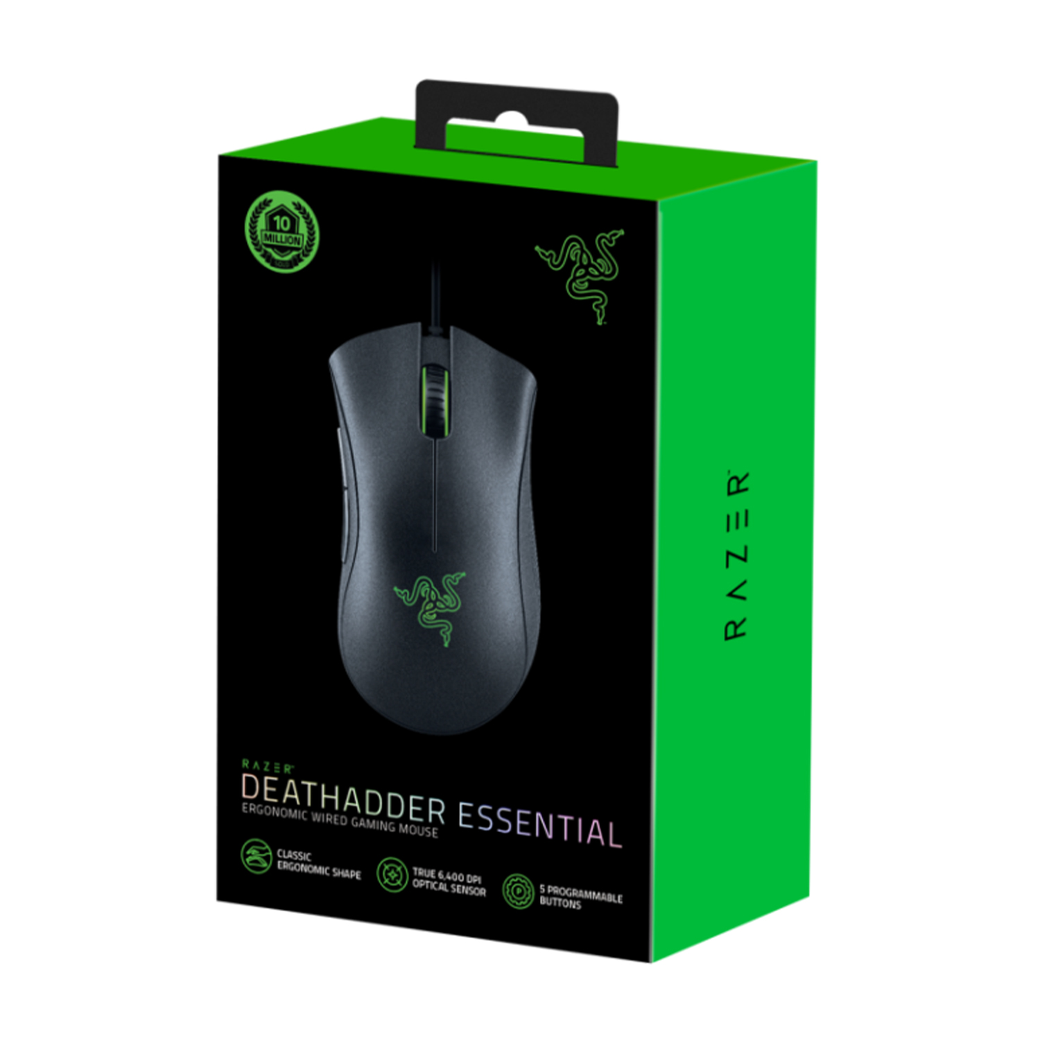 Un mouse gaming Razer nero in una scatola verde. La scatola mostra il logo Razer e le caratteristiche del mouse.