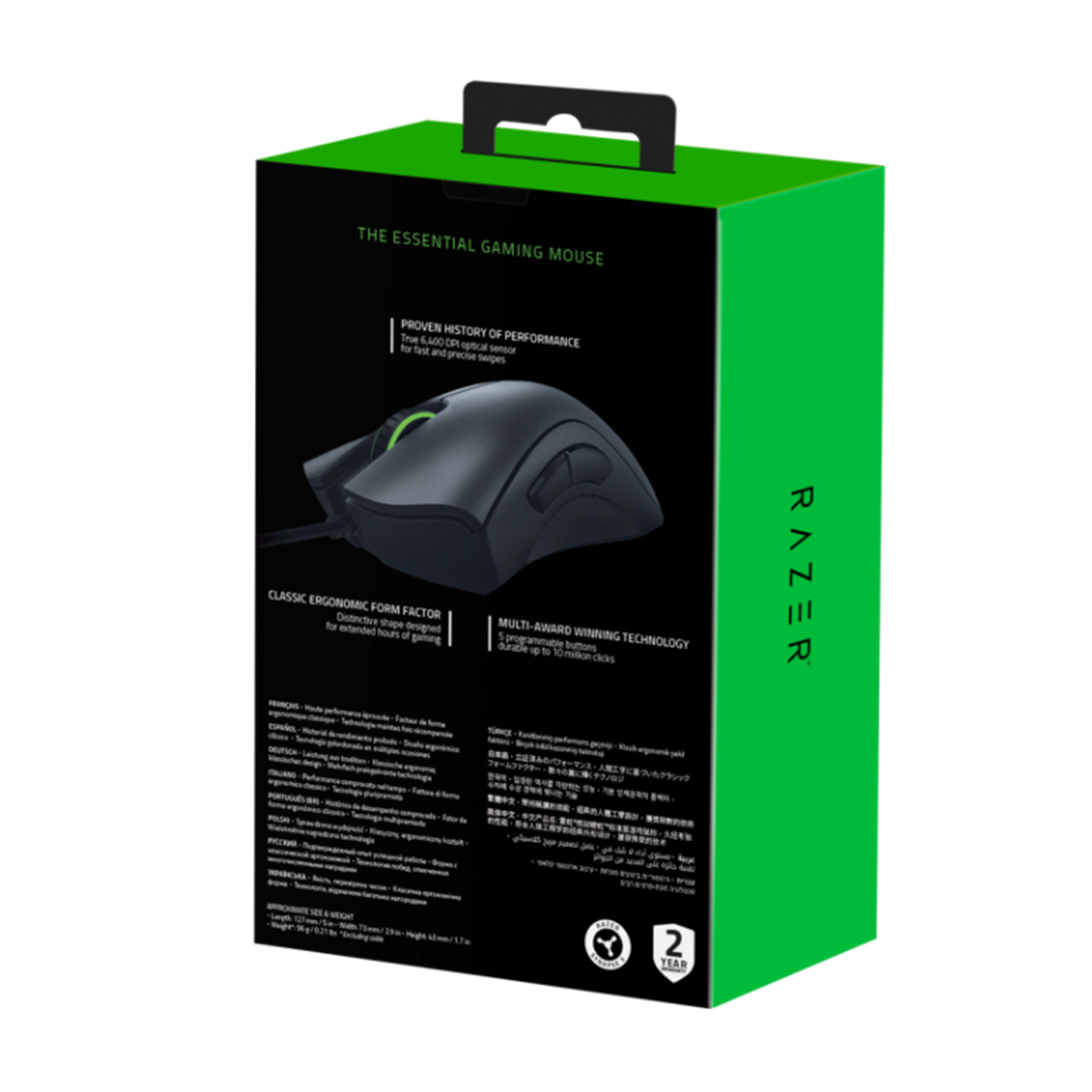 Una scatola verde di un mouse da gaming Razer, che mostra il mouse e le sue caratteristiche. Testo in più lingue.
