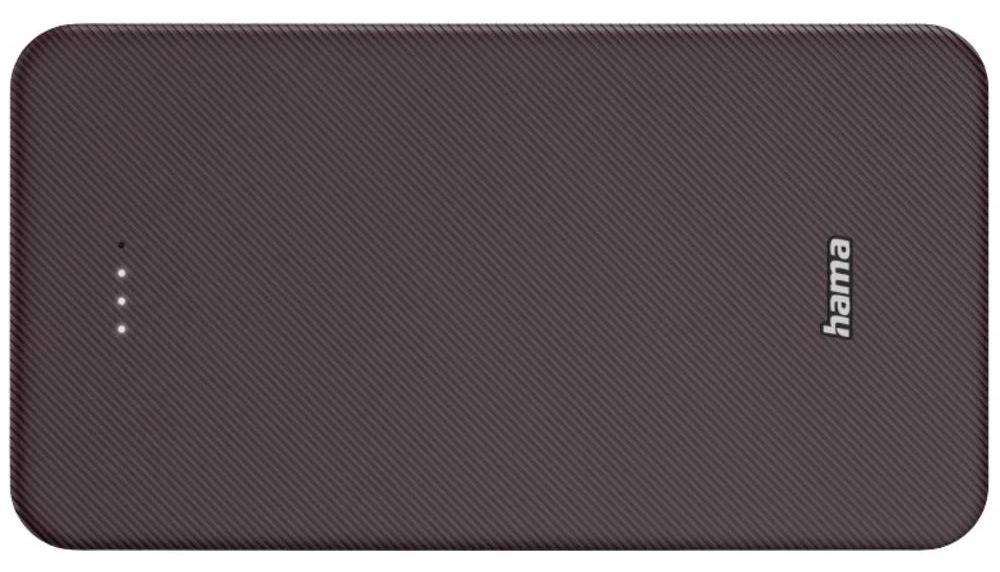 Prostokątny, ciemnobrązowy power bank z trzema białymi lampkami kontrolnymi.