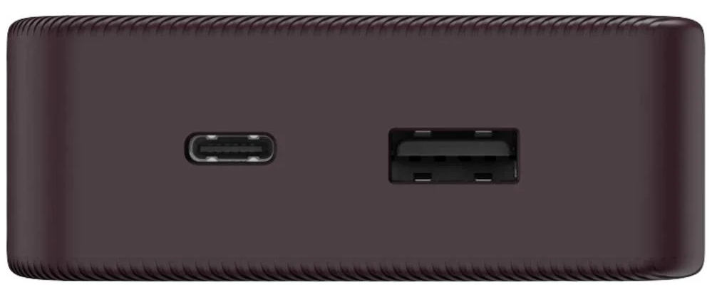 Power bank z portami USB-C i USB, ciemnobrązowy kolor.