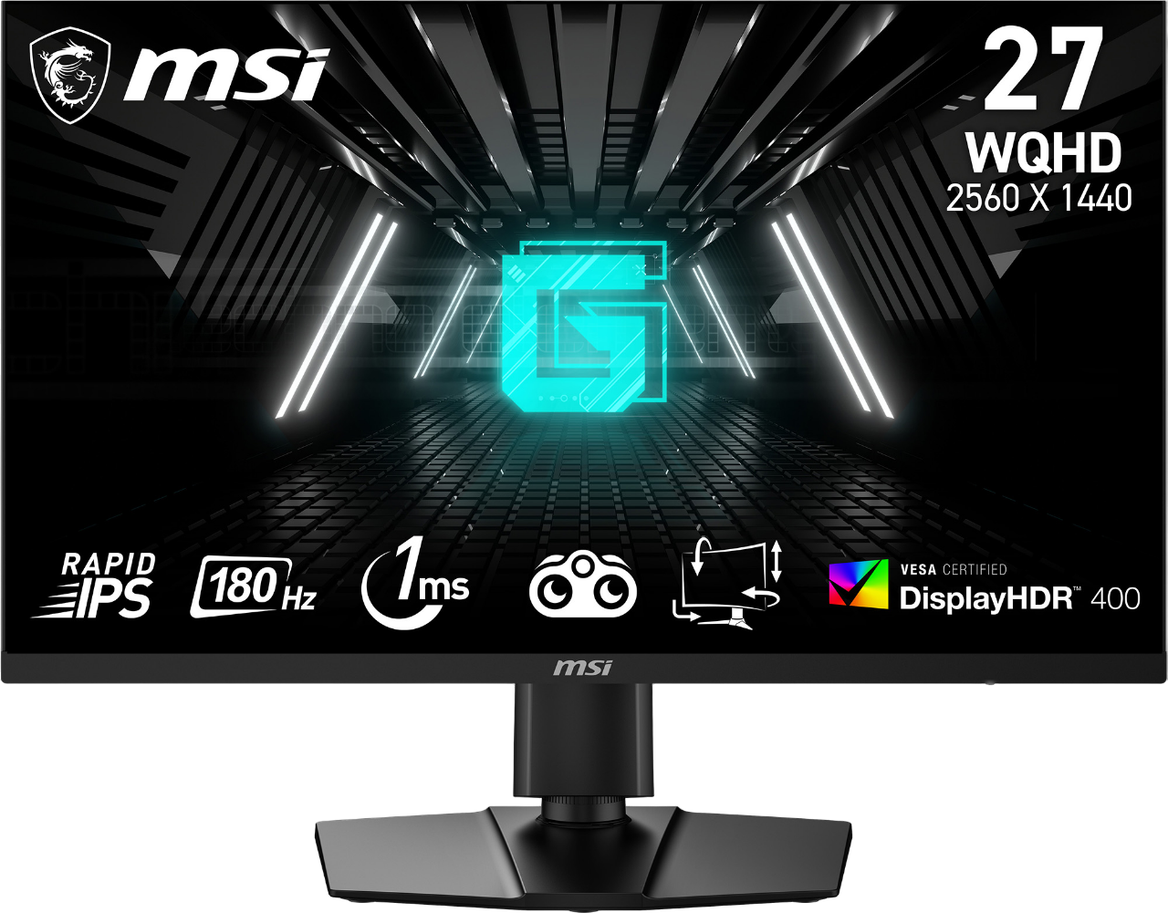 MSI 27" Gaming-Monitor. Schwarz mit blauem Logo. Zeigt "27 WQHD 2560 X 1440" und andere Spezifikationen an.