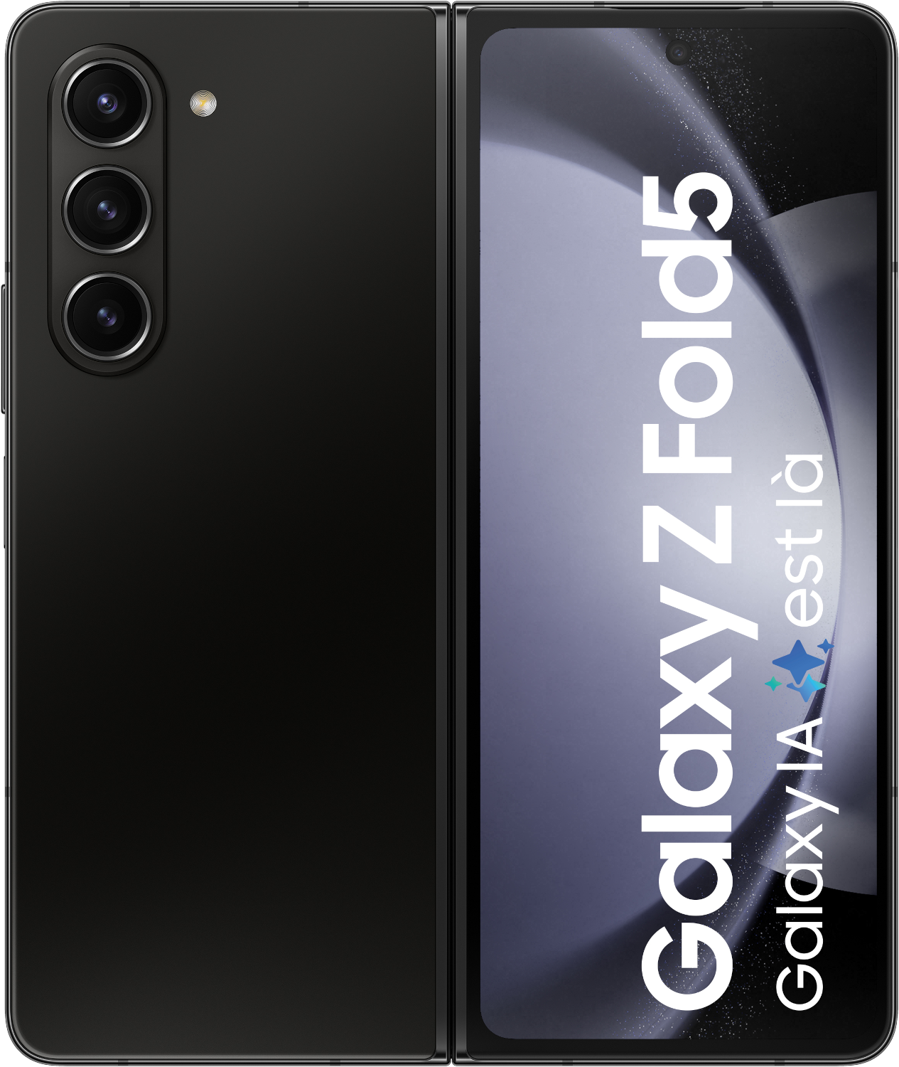 Samsung Galaxy Z Fold5 noir, partiellement ouvert. Texte 'Galaxy Z Fold5' visible.