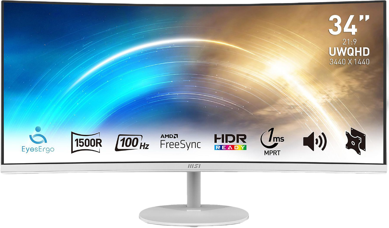 Ein geschwungener, weißer Computermonitor mit Spezifikationen auf dem Bildschirm.