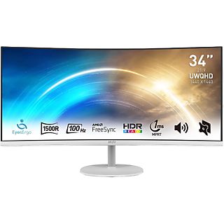 MSI PRO MP341CQWDE Curved Monitor, 34 Zoll, UWQHD, 100Hz, 1ms (MPRT), 300cd, VA-Panel, 2x Audio, Weiß