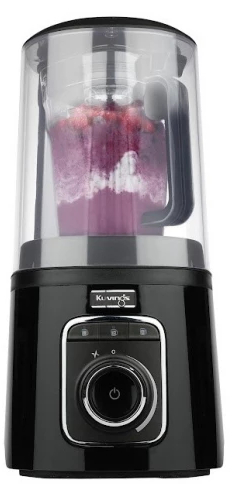 Czarny blender z przezroczystym pojemnikiem. W środku miksowana jest fioletowa mieszanka.